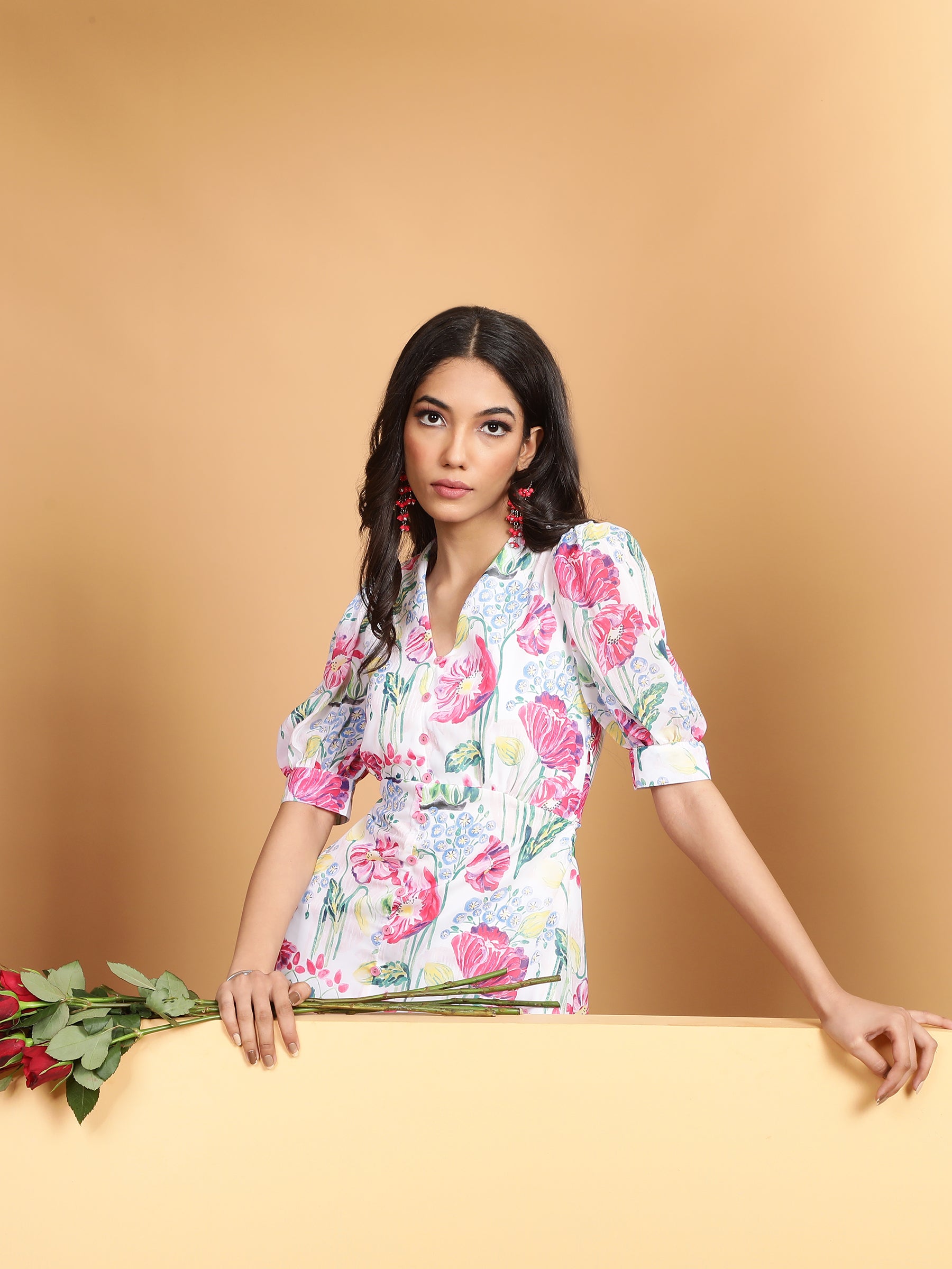 Women Pink V-Neck Printed Dress - Global Republic