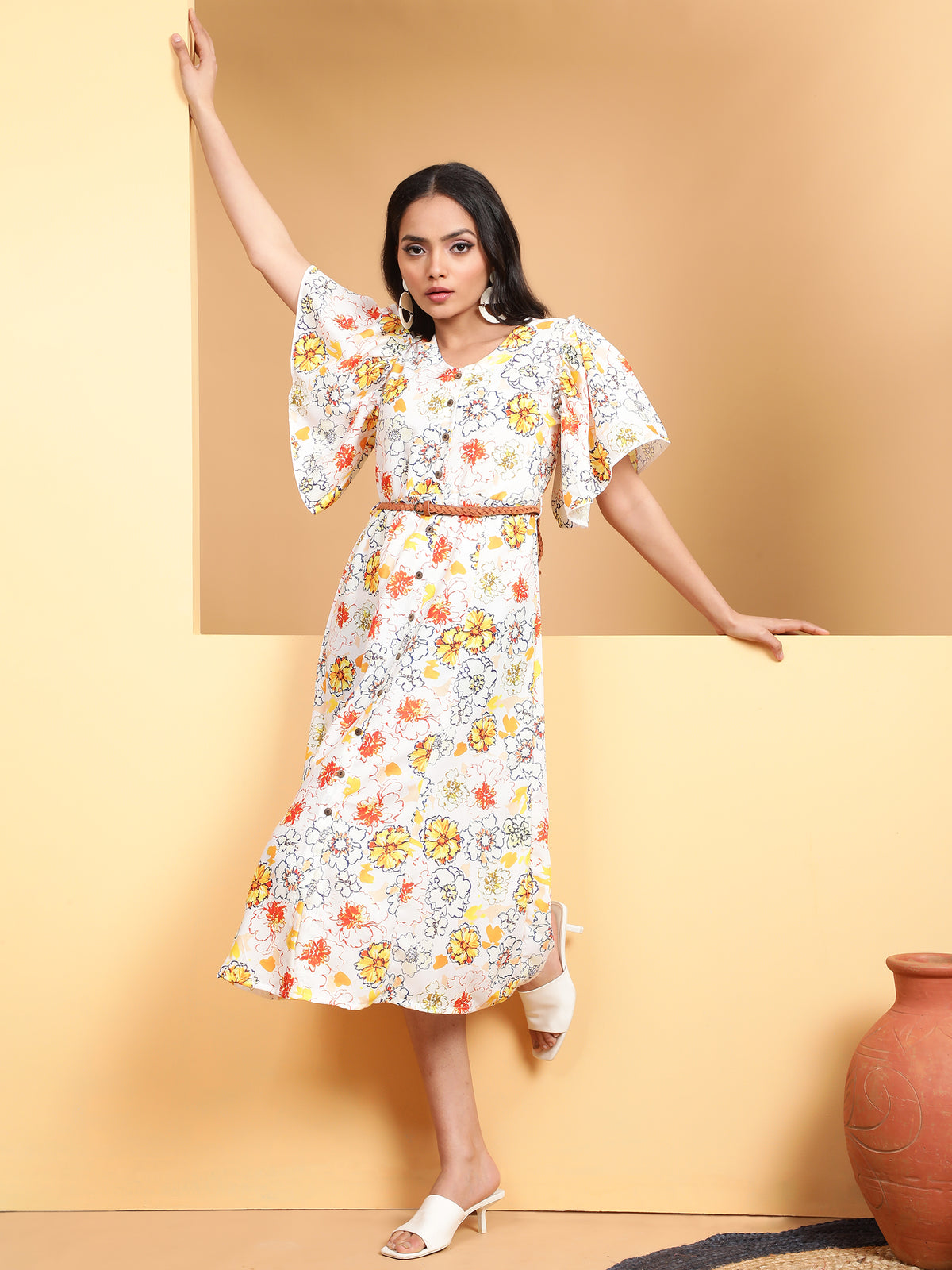 Women Yellow V-Neck Printed Dress
