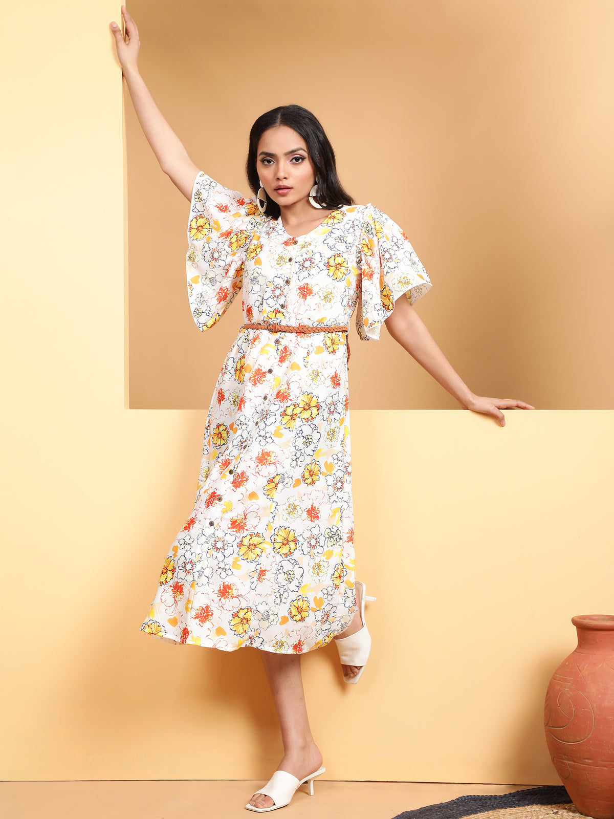 Women Yellow Round Neck Printed Dress