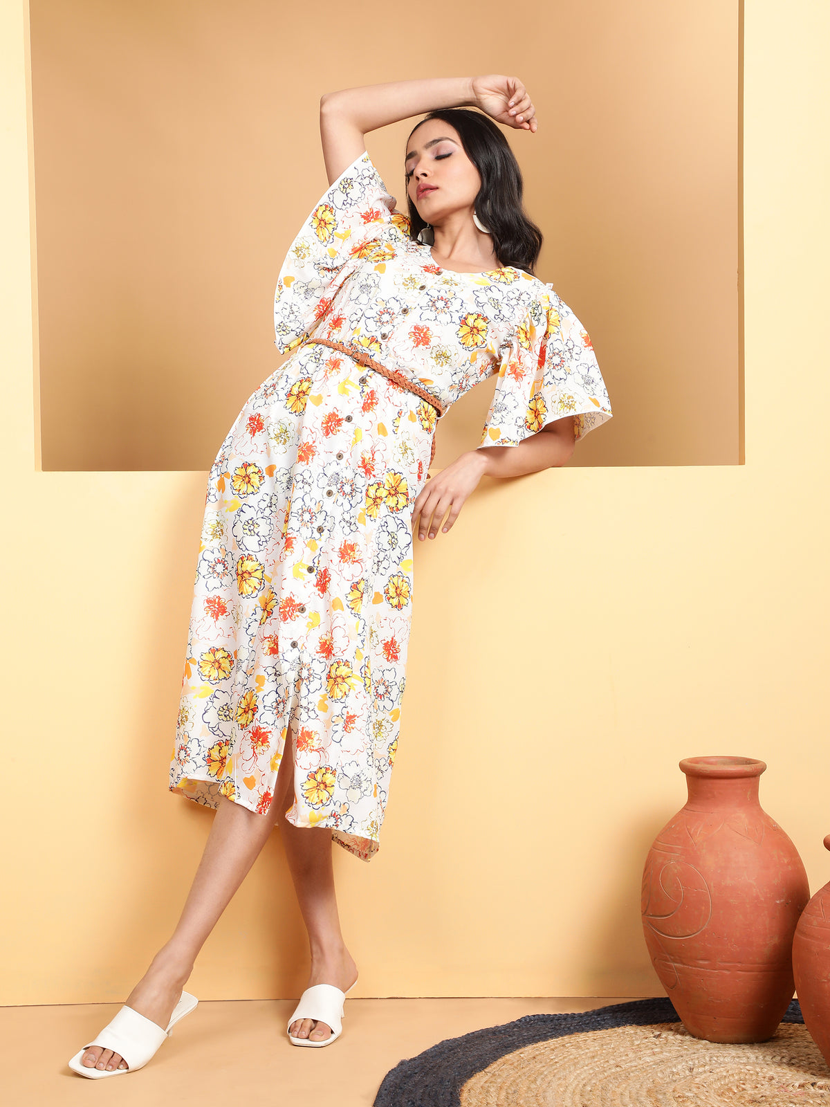 Women Yellow V-Neck Printed Dress