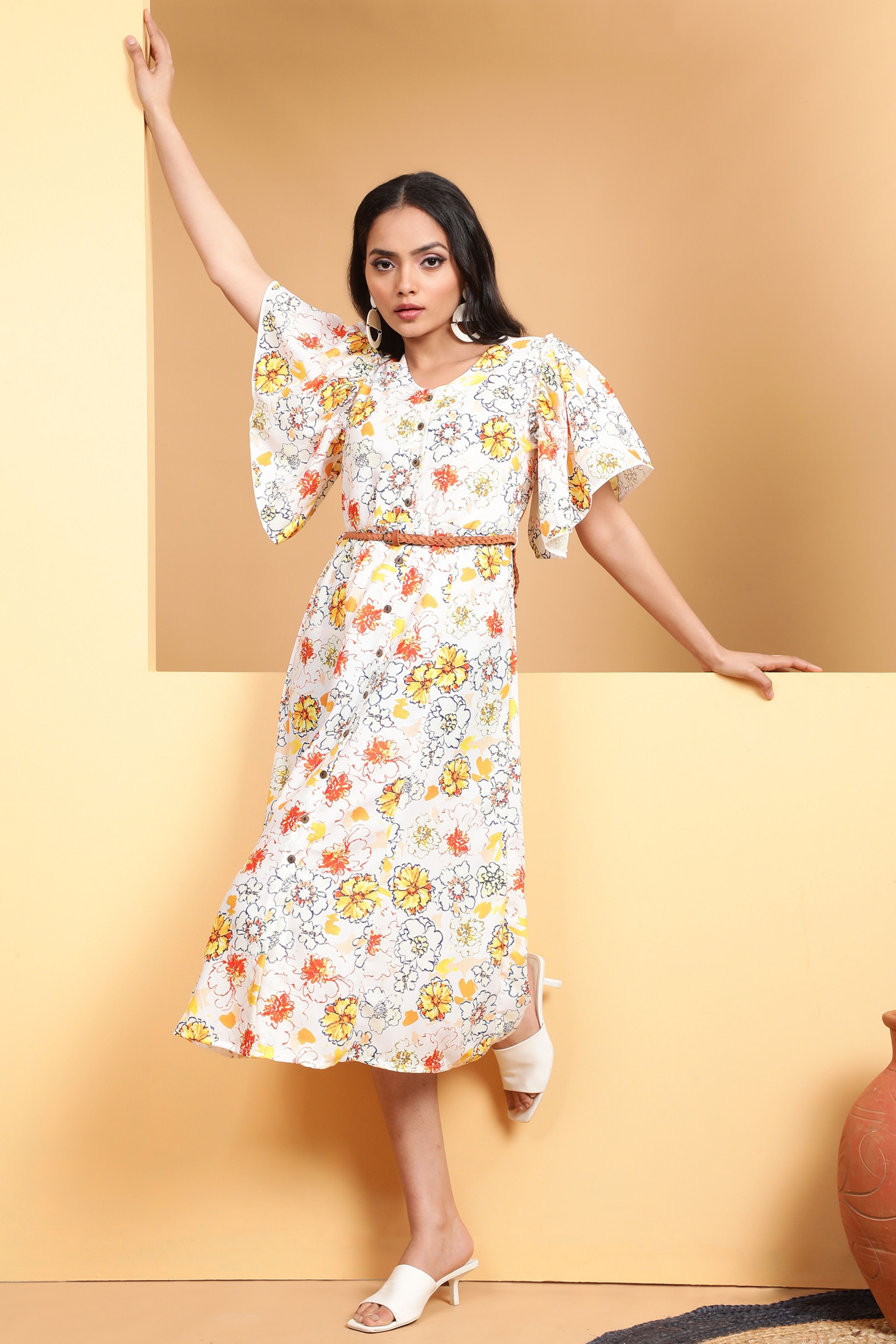 Yellow Floral Rayon Dress