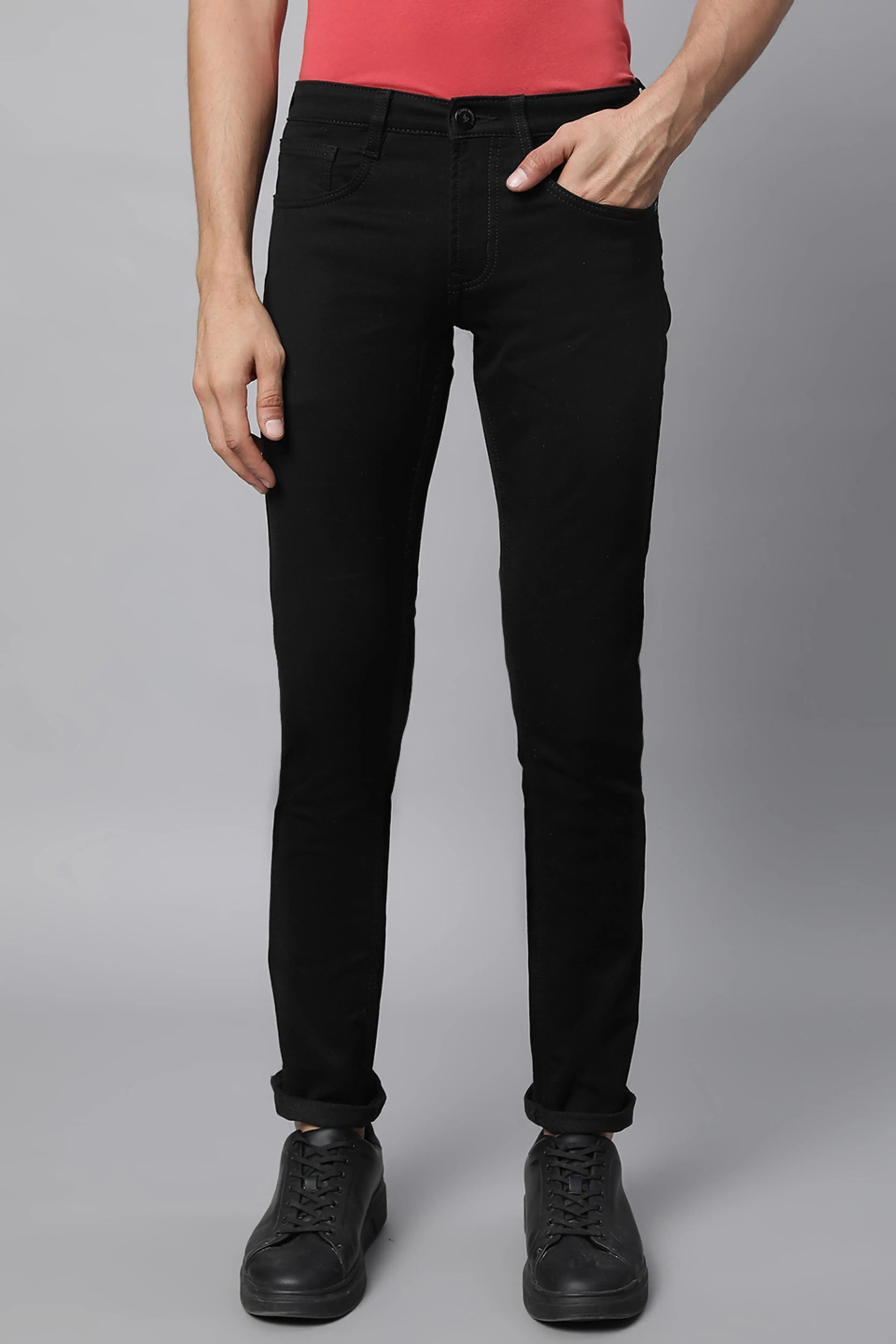 Black Cotton Blend Solid Jeans - Global Republic