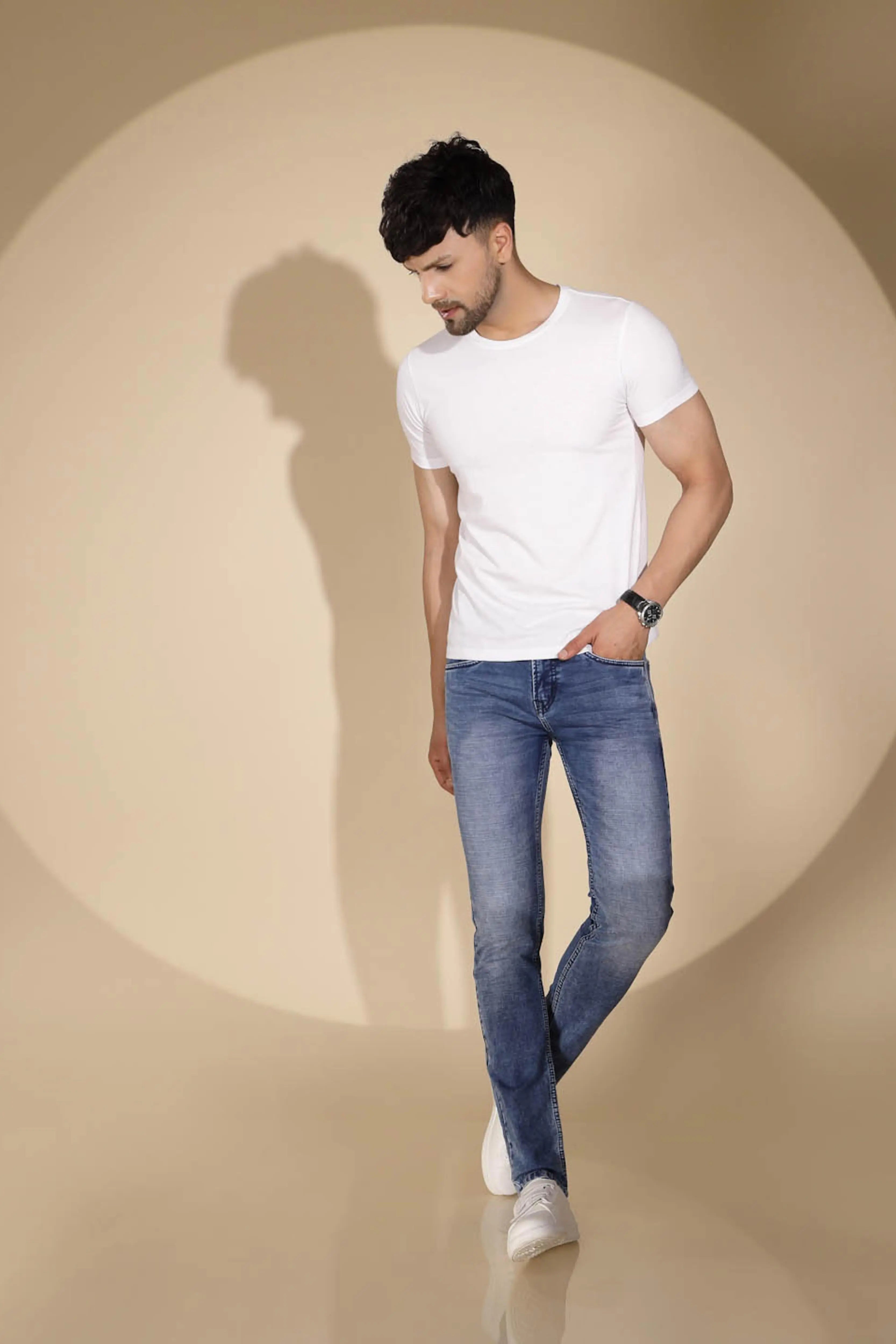 Mens Blue Denim Solid Mid Rise Jeans - Global Republic