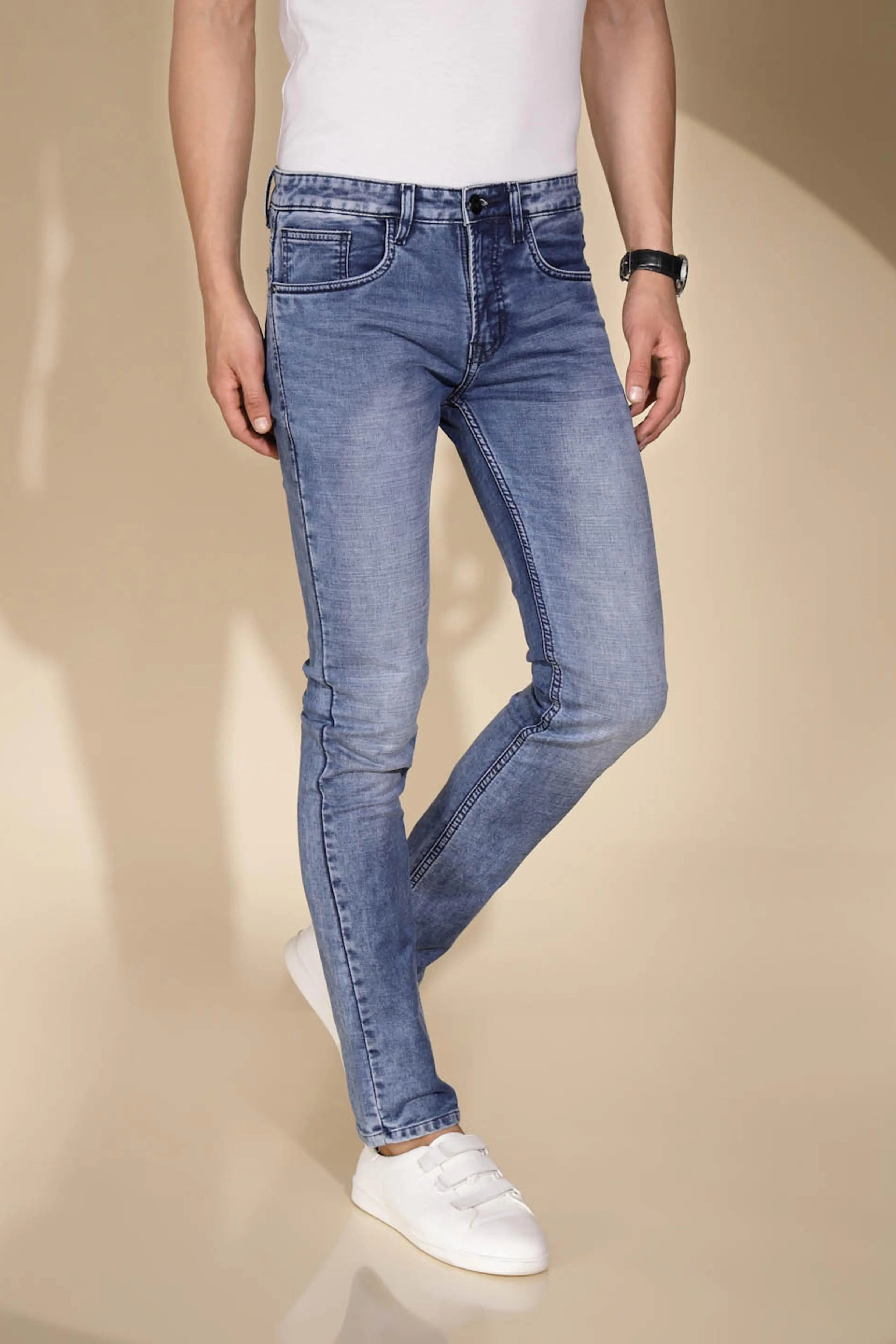 Mens Blue Denim Solid Mid Rise Jeans - Global Republic