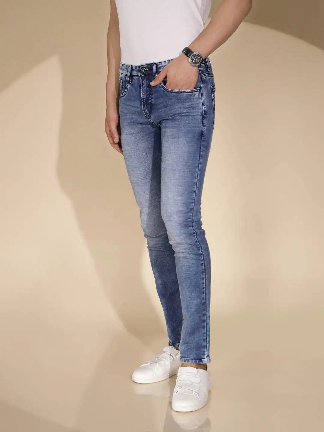 Mens Blue Denim Solid Mid Rise Jeans - Global Republic