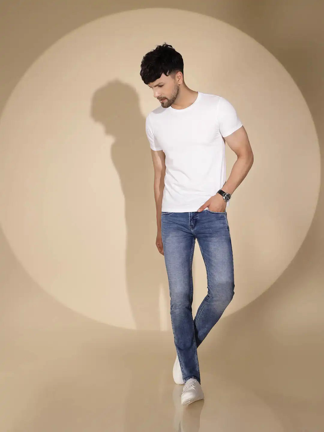 Mens Blue Denim Solid Mid Rise Jeans - Global Republic