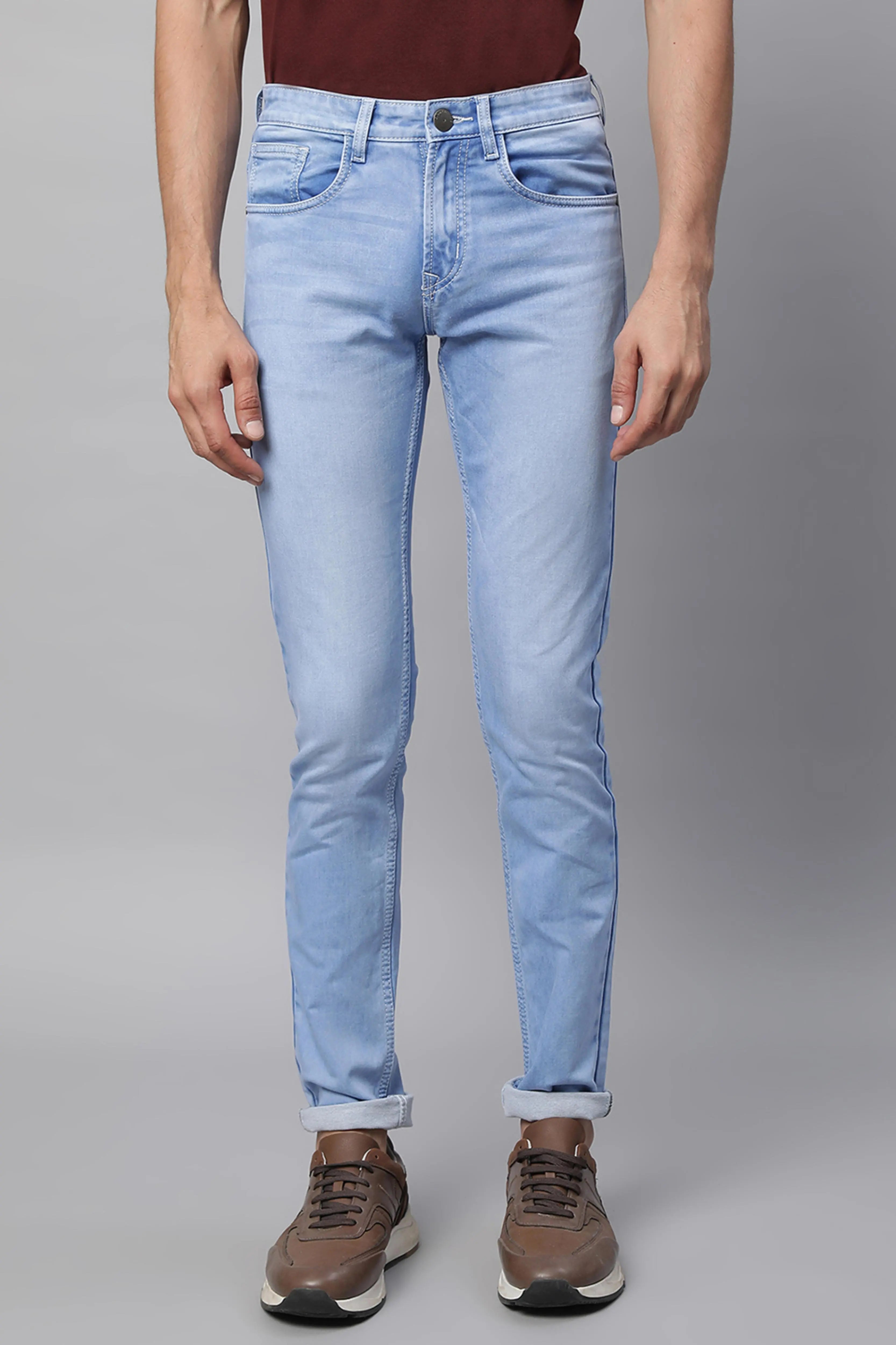 Mens Light Blue Cotton Blend Solid Mid Rise Slim Fit Jeans - Global Republic