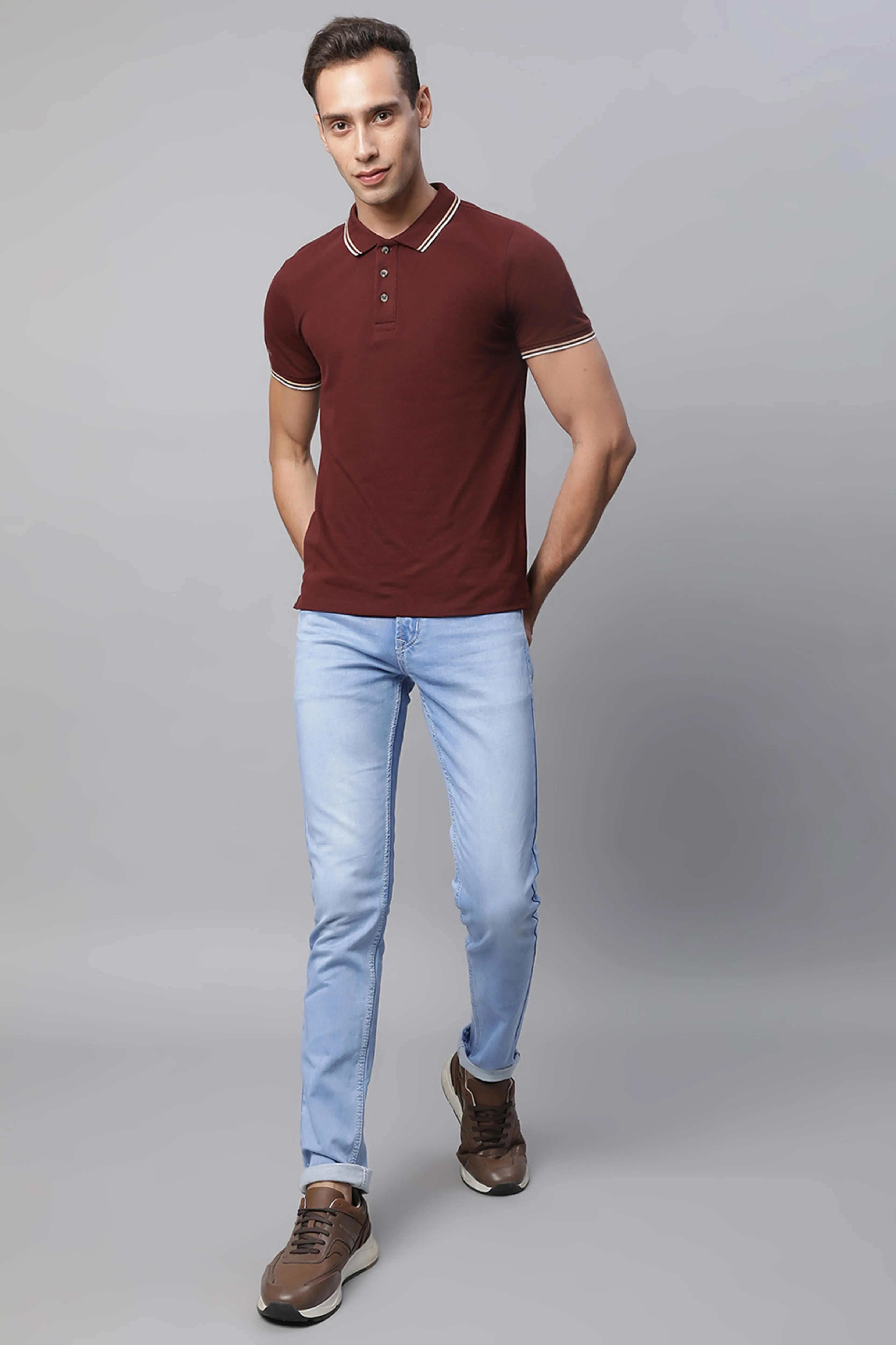 s Light Blue Cotton Blend Solid Mid Rise Slim Fit Jeans - Global Republic