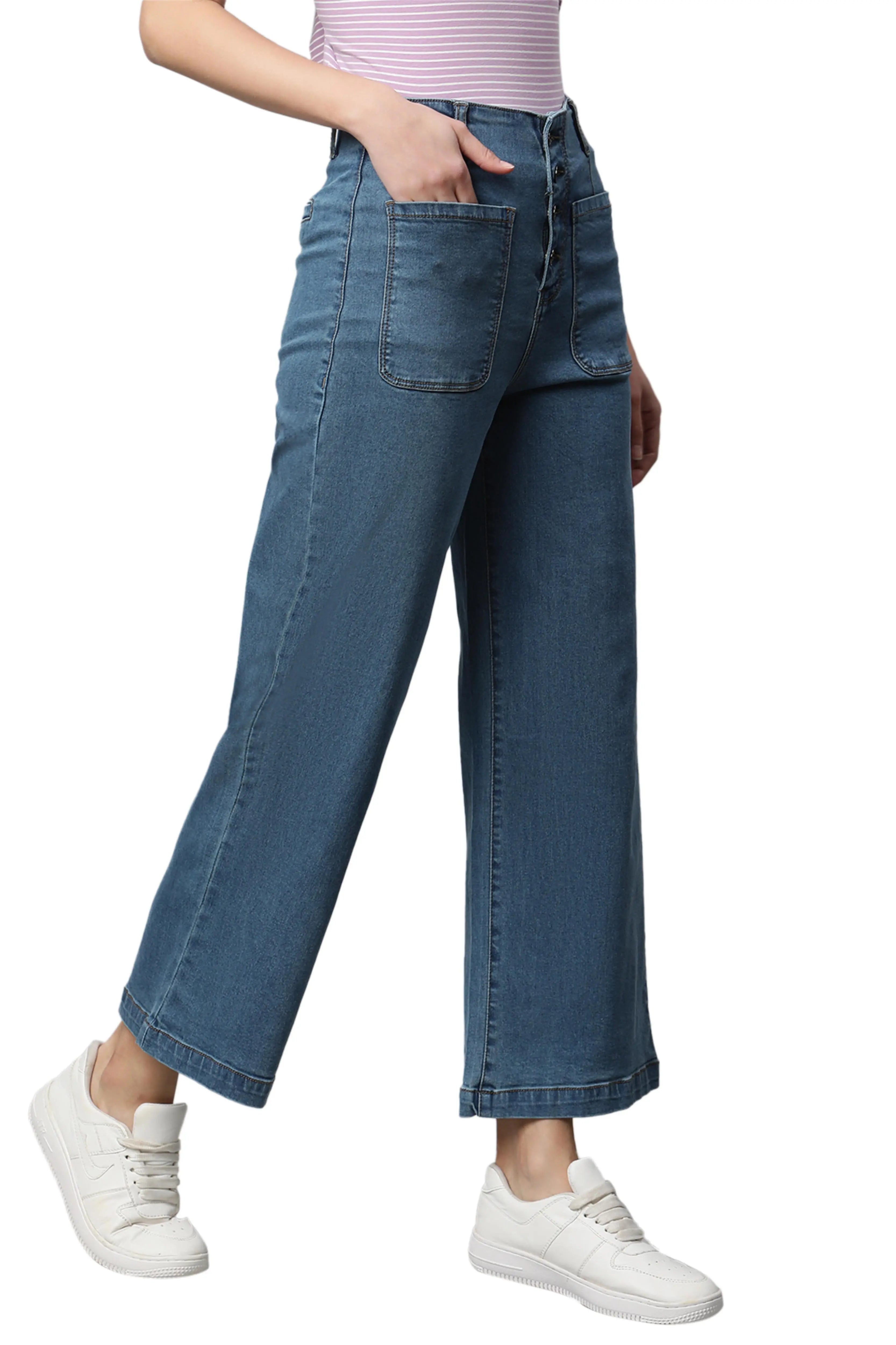women denim mid blue high rise jeans