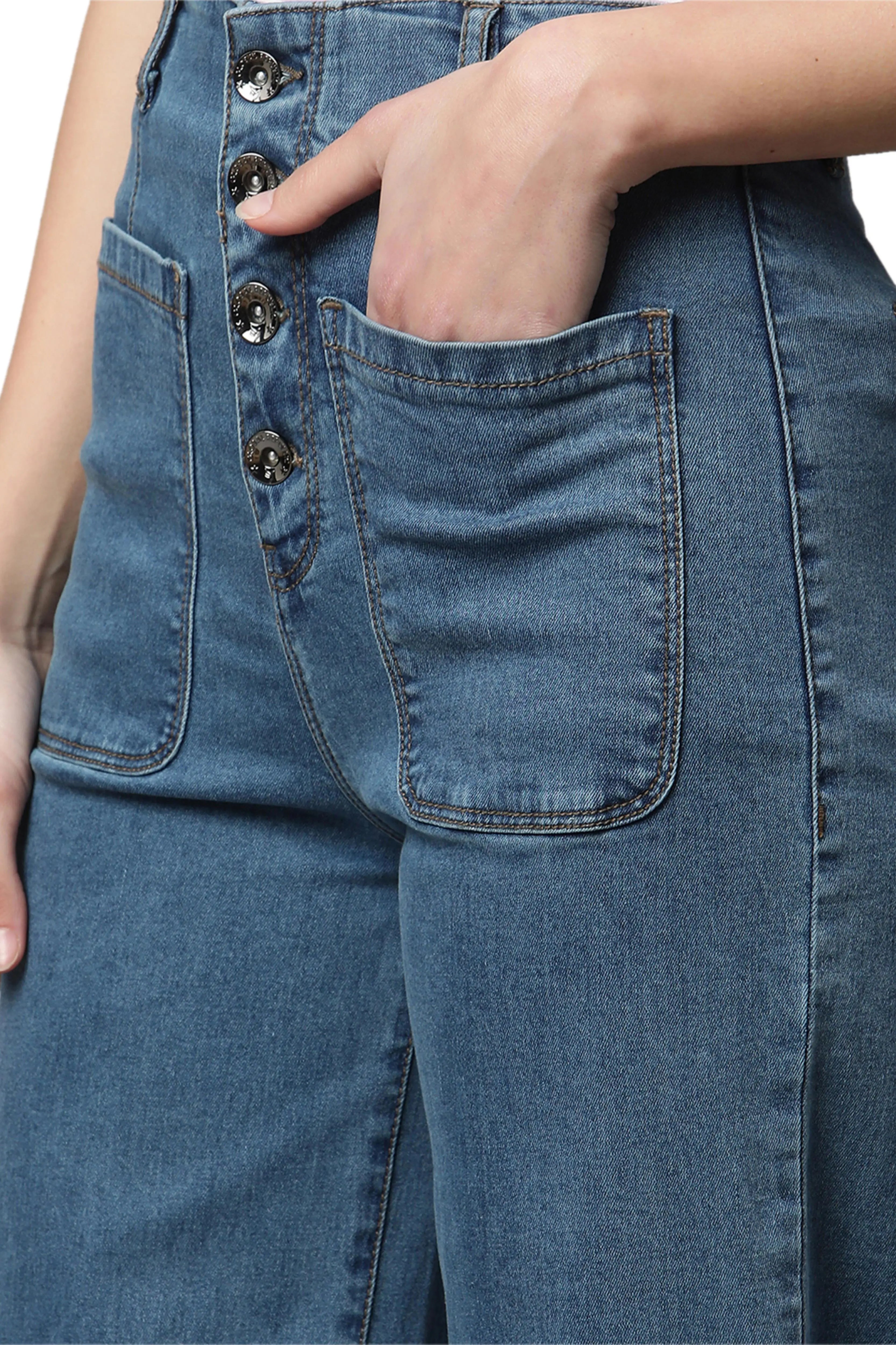 women denim mid blue high rise jeans