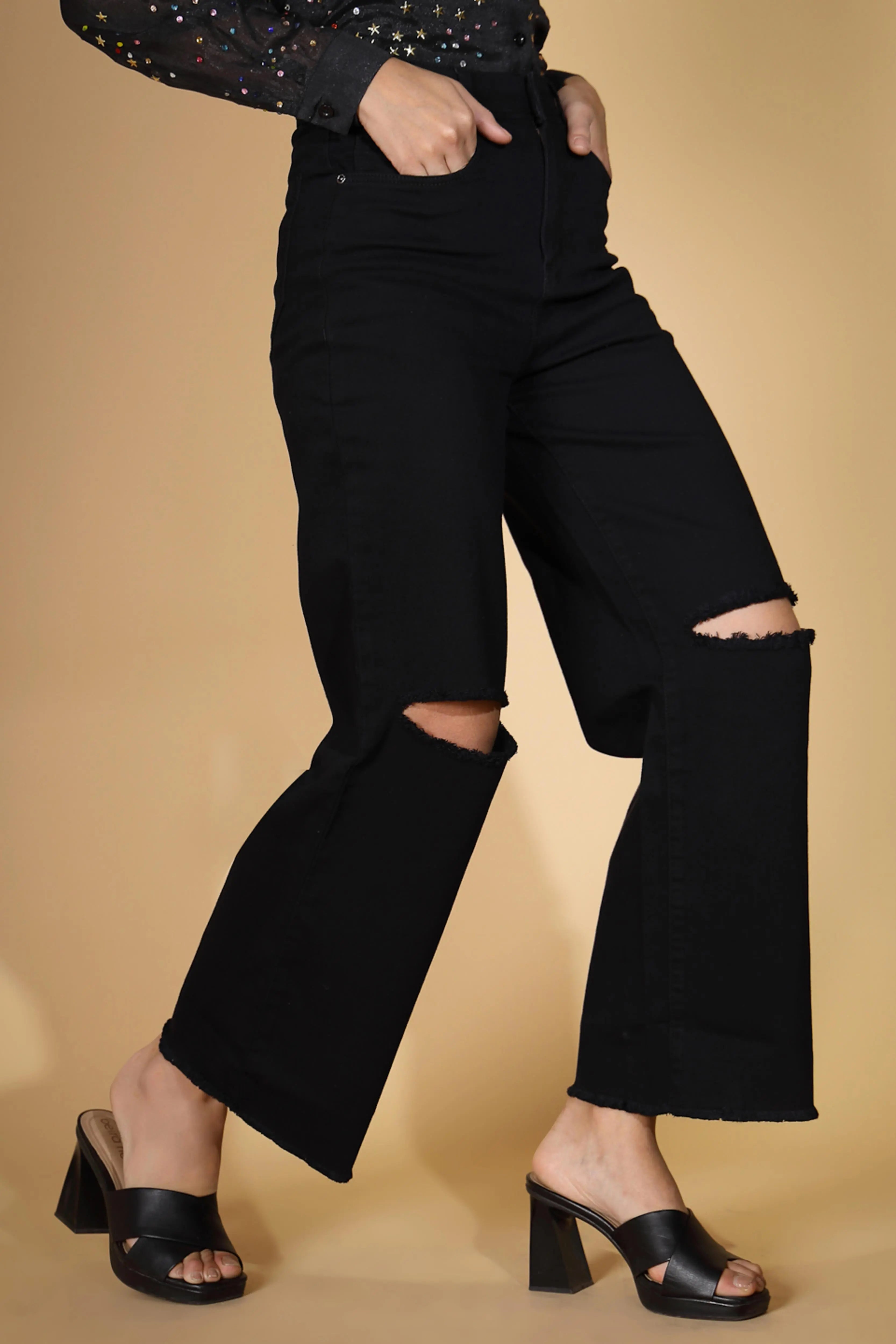 Jet Black Flared Distressed  Jeans - Global Republic