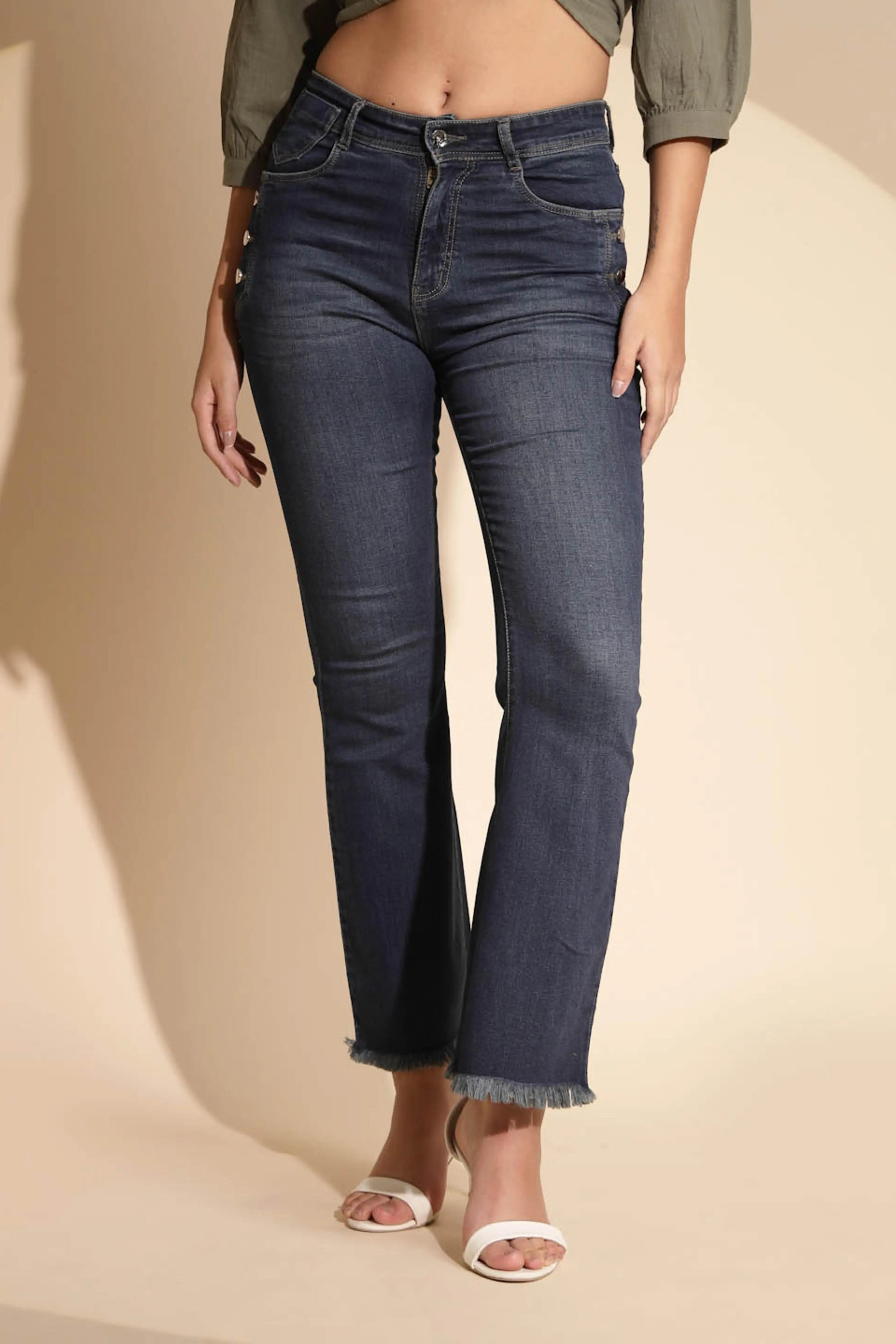 Women's Regular Fit Cotton Blend  High Rise Blue Boot Cut Jeans - Global Republic