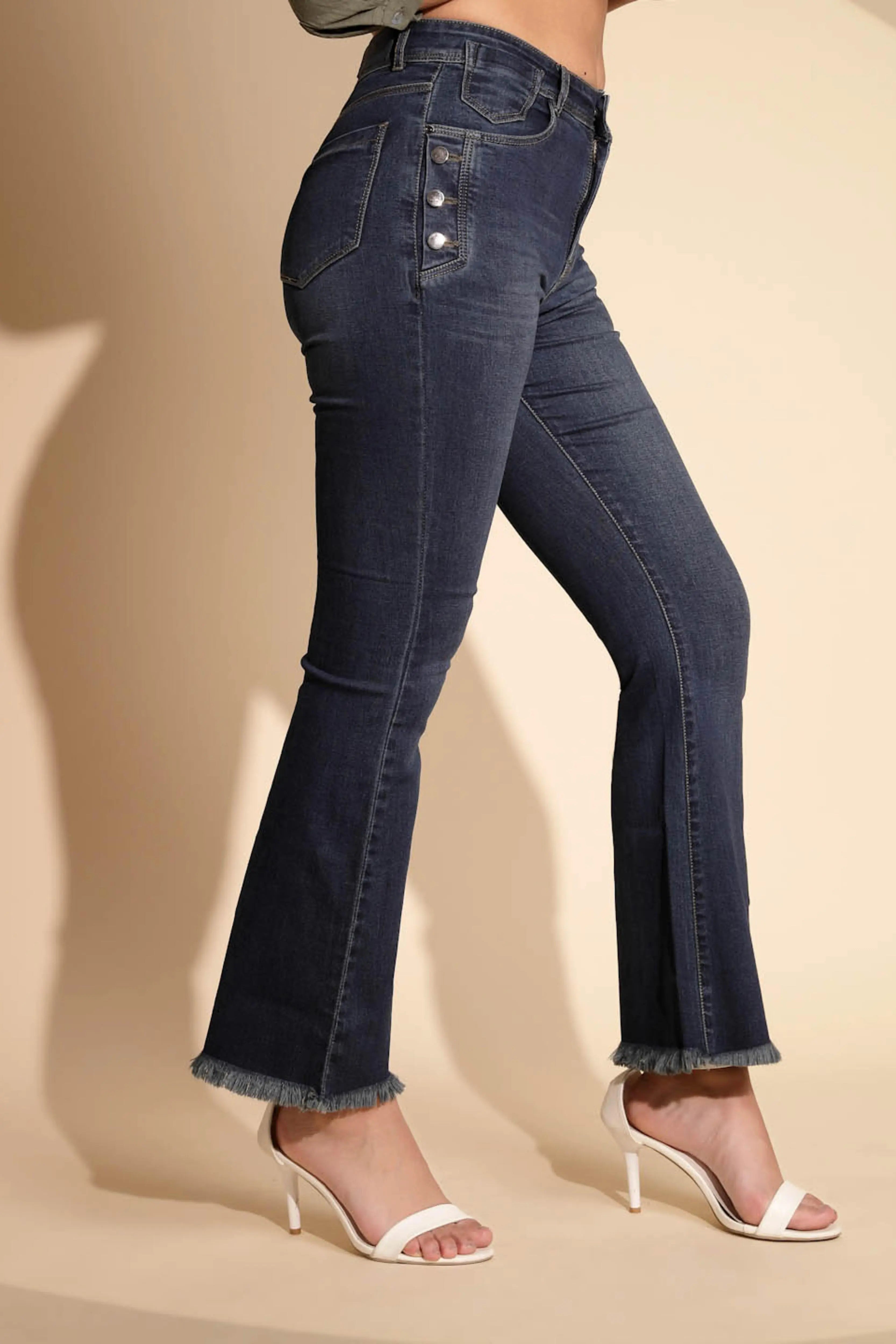 Women's Regular Fit Cotton Blend  High Rise Blue Boot Cut Jeans - Global Republic