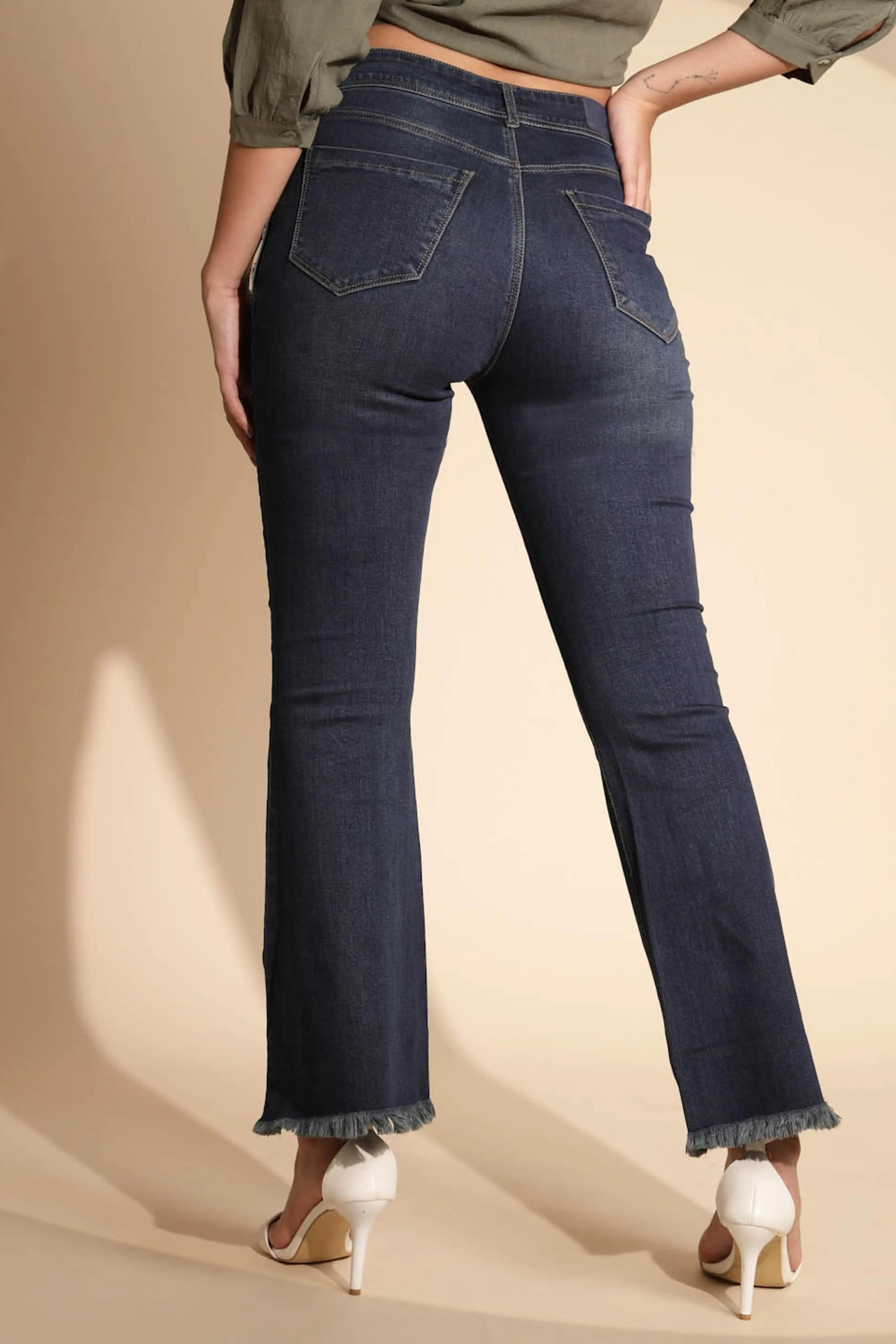 Women's Regular Fit Cotton Blend  High Rise Blue Boot Cut Jeans - Global Republic