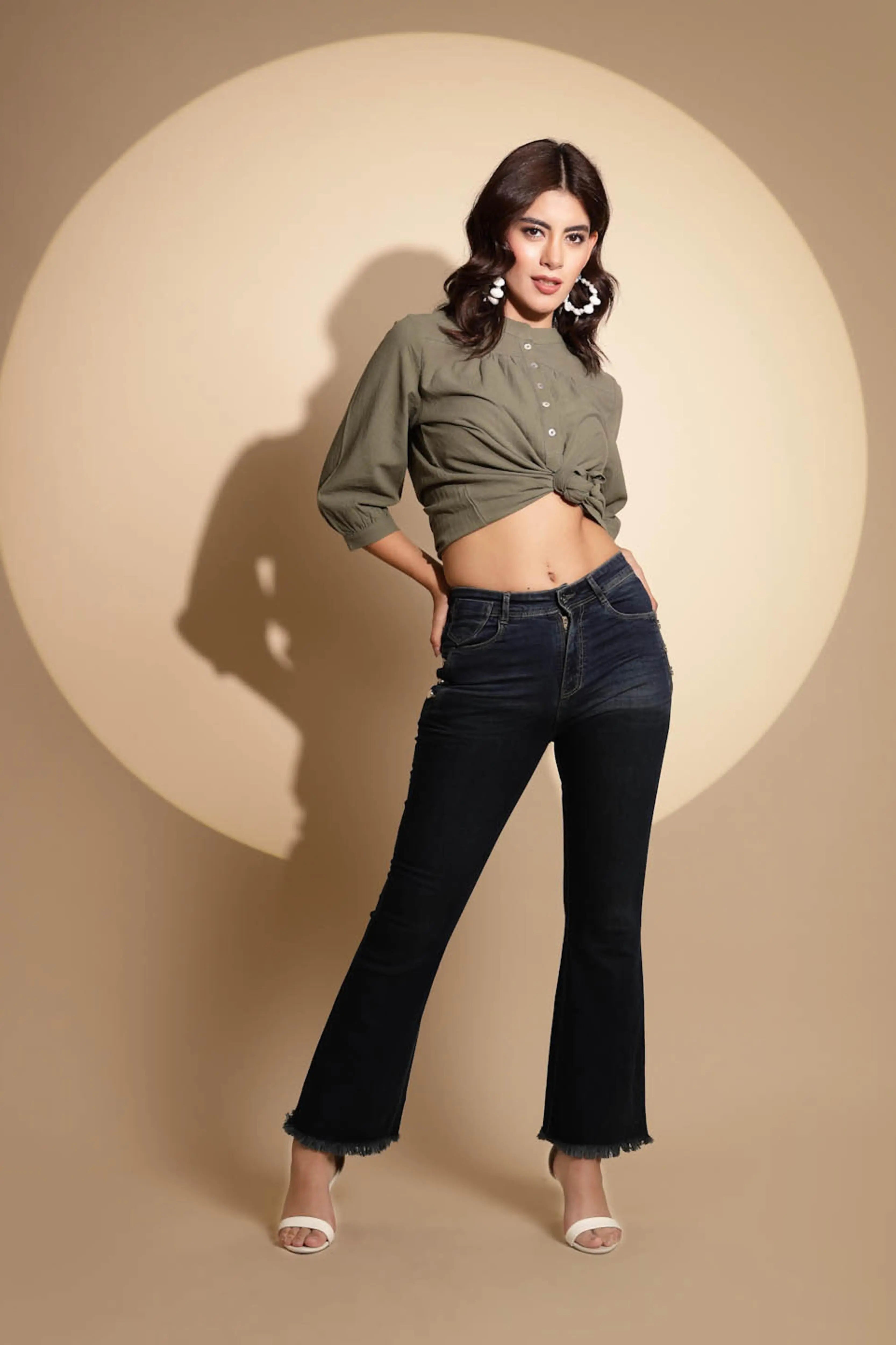 Women's Regular Fit Cotton Blend  High Rise Blue Boot Cut Jeans - Global Republic