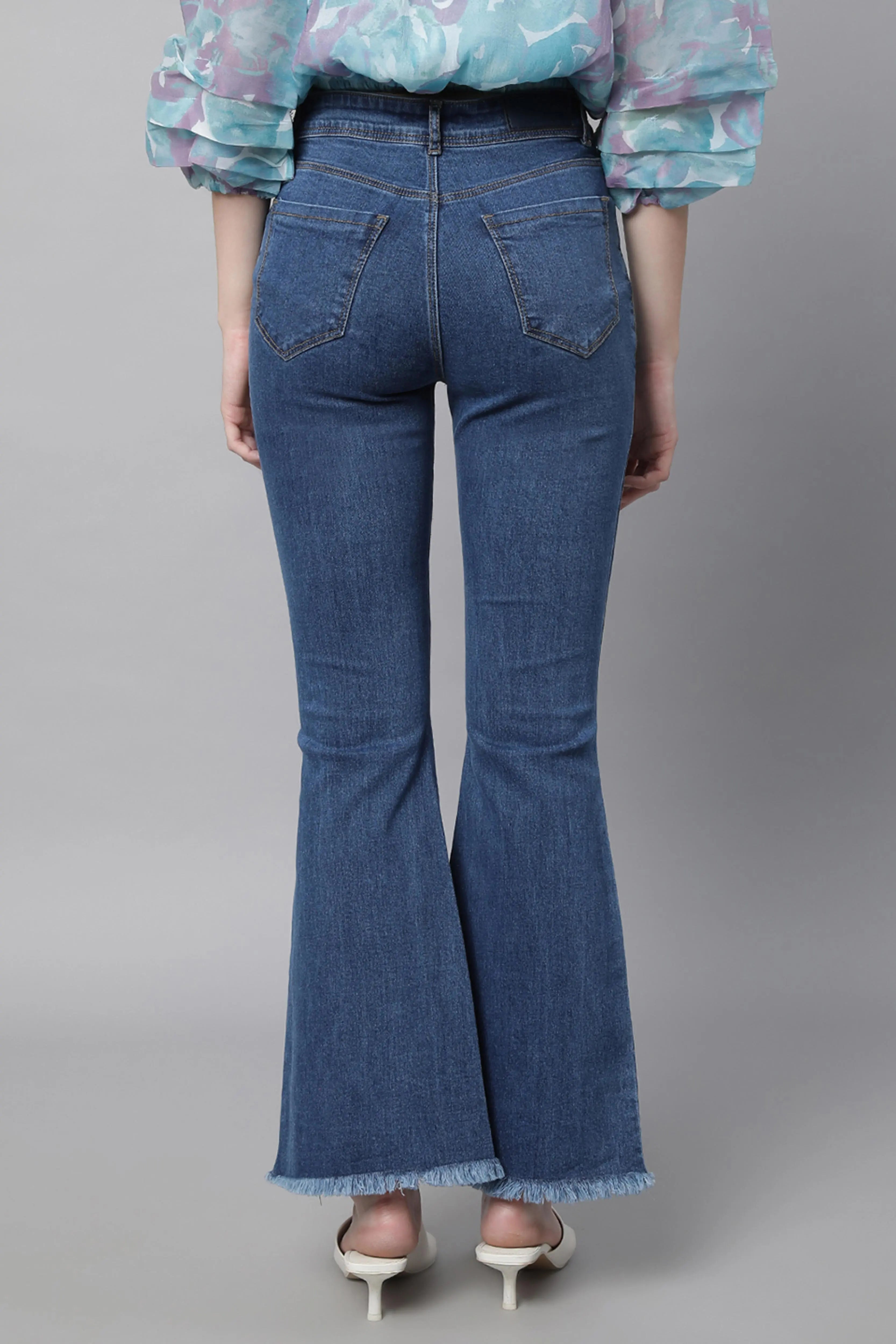 Women High Rise Slim Fit Bell Bottom Blue Jeans - Global Republic