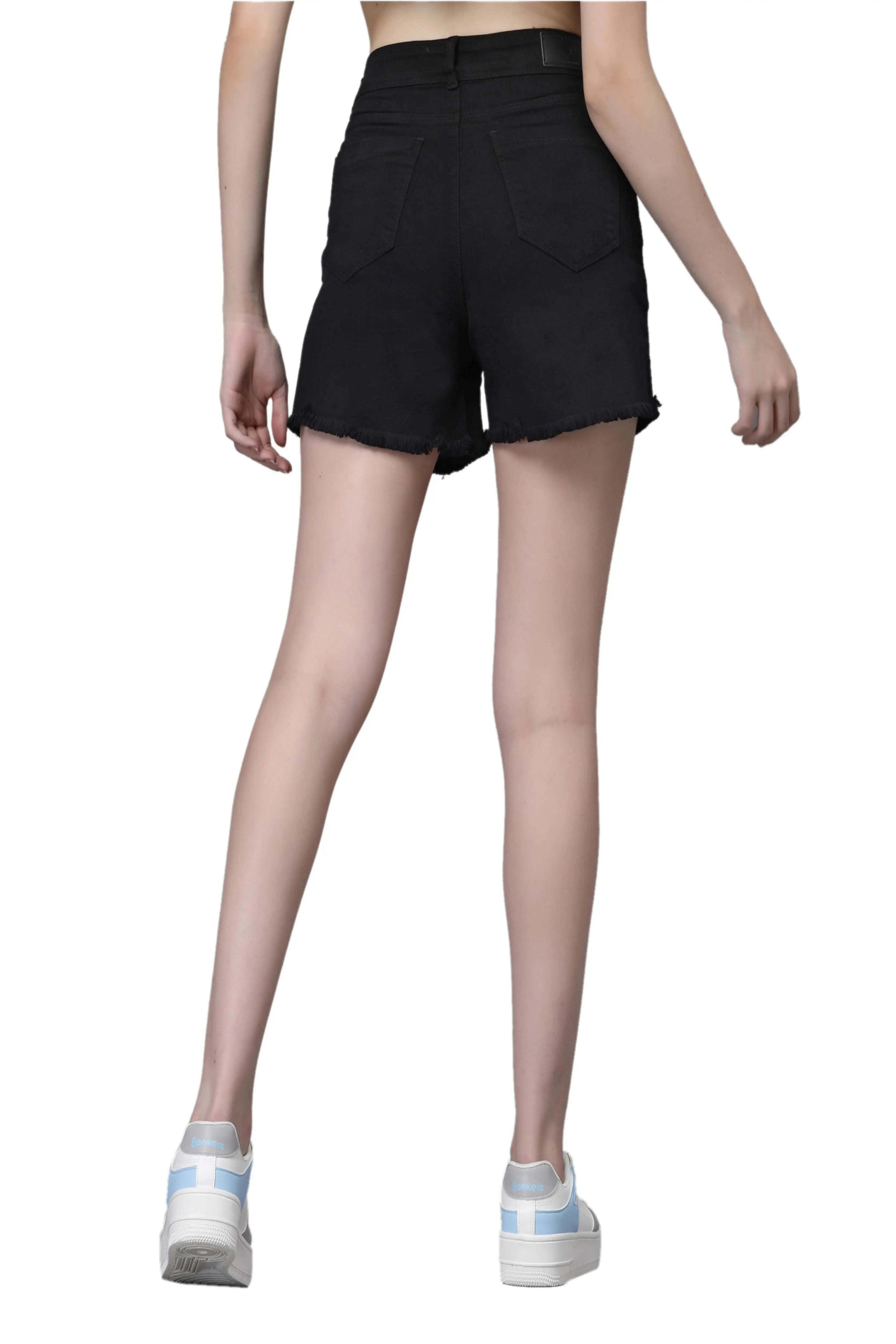Women Black Cotton Blend  Solid High Rise Casual Shorts - Global Republic