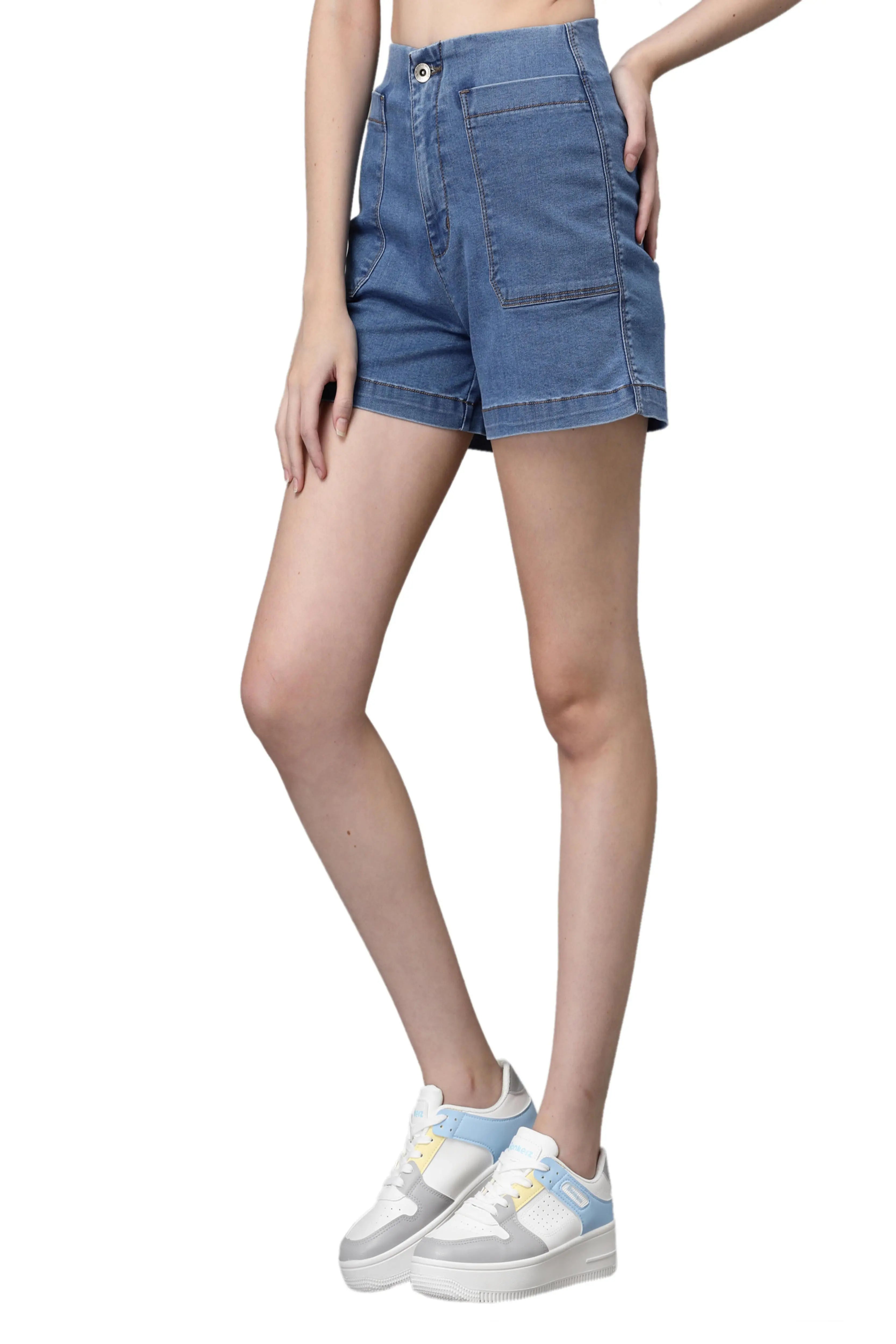 Blue Solid Cotton Regular Fit Shorts - Global Republic