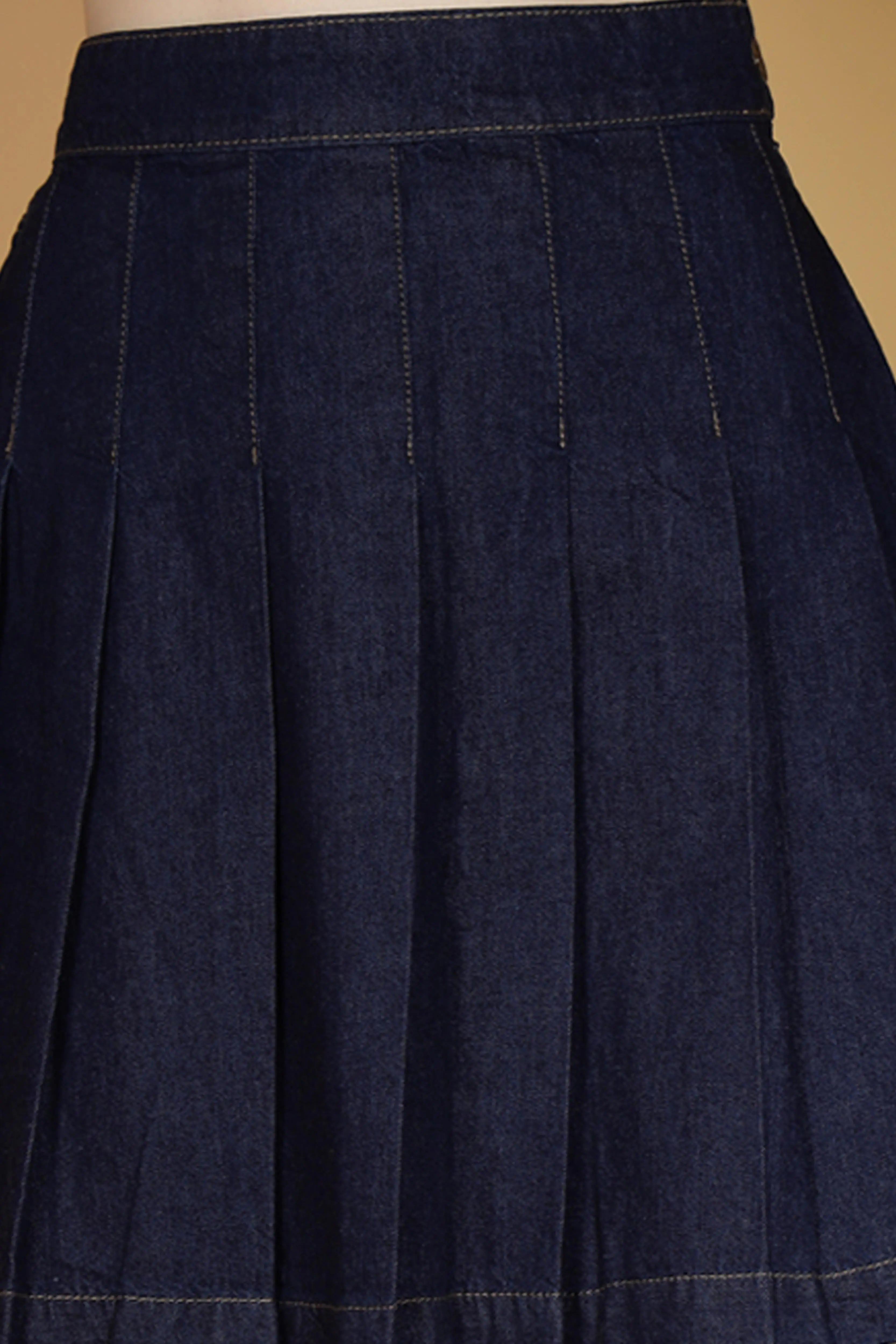 Blue Denim Cotton Pleated Skirt - Global Republic