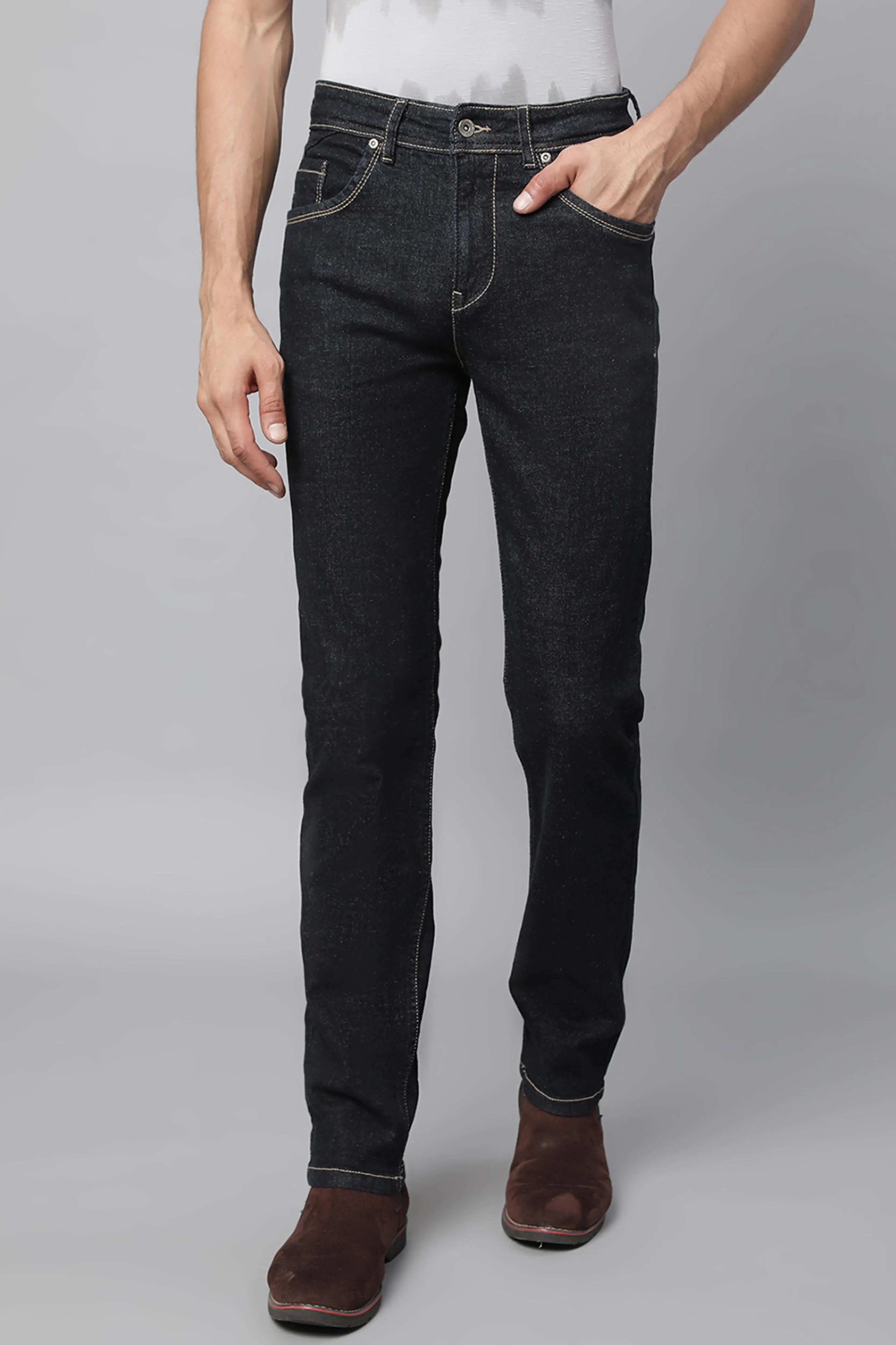 Mens Raw Black Cotton Solid Jeans - Global Republic