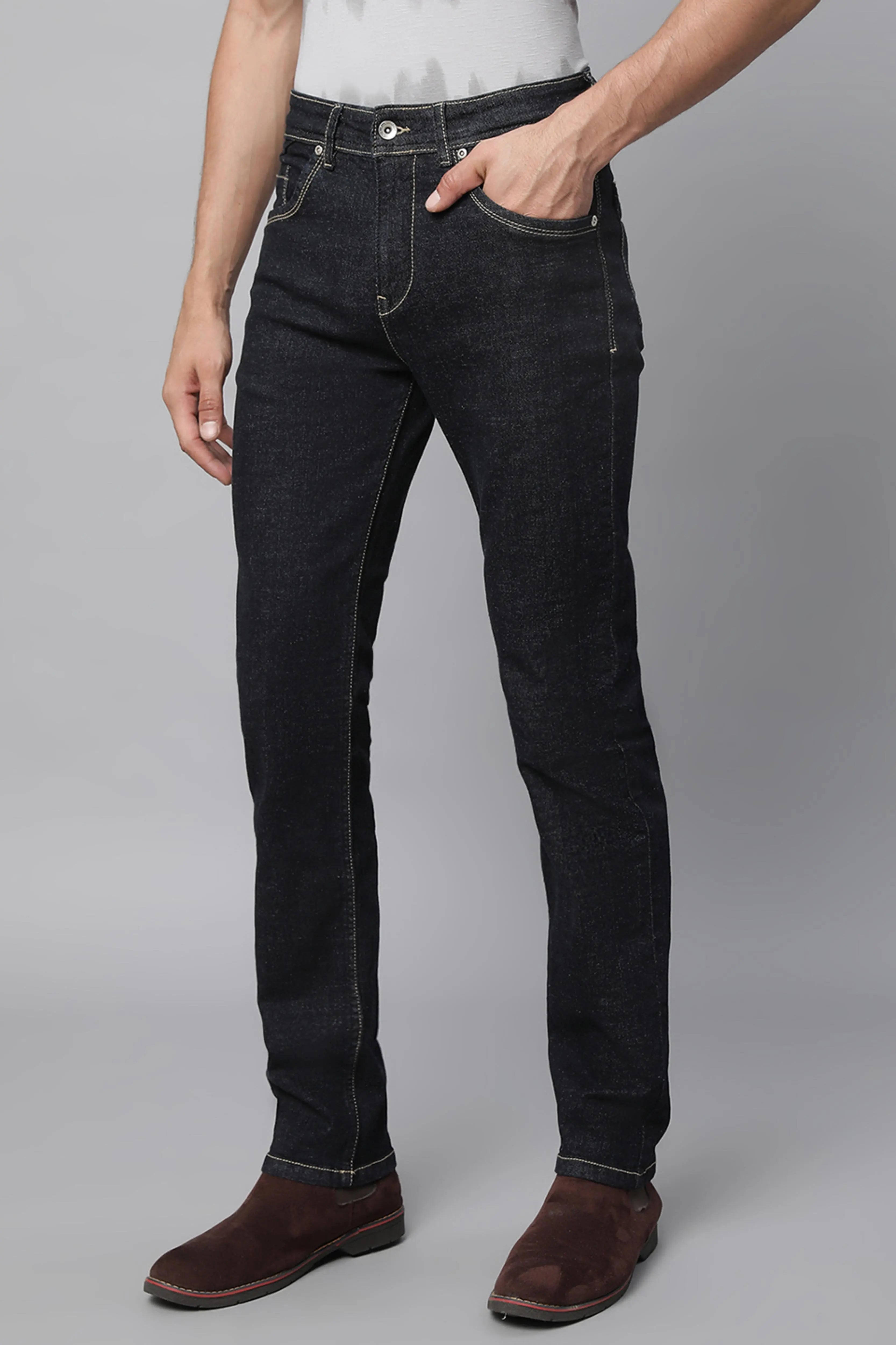 Mens Raw Black Cotton Solid Jeans - Global Republic