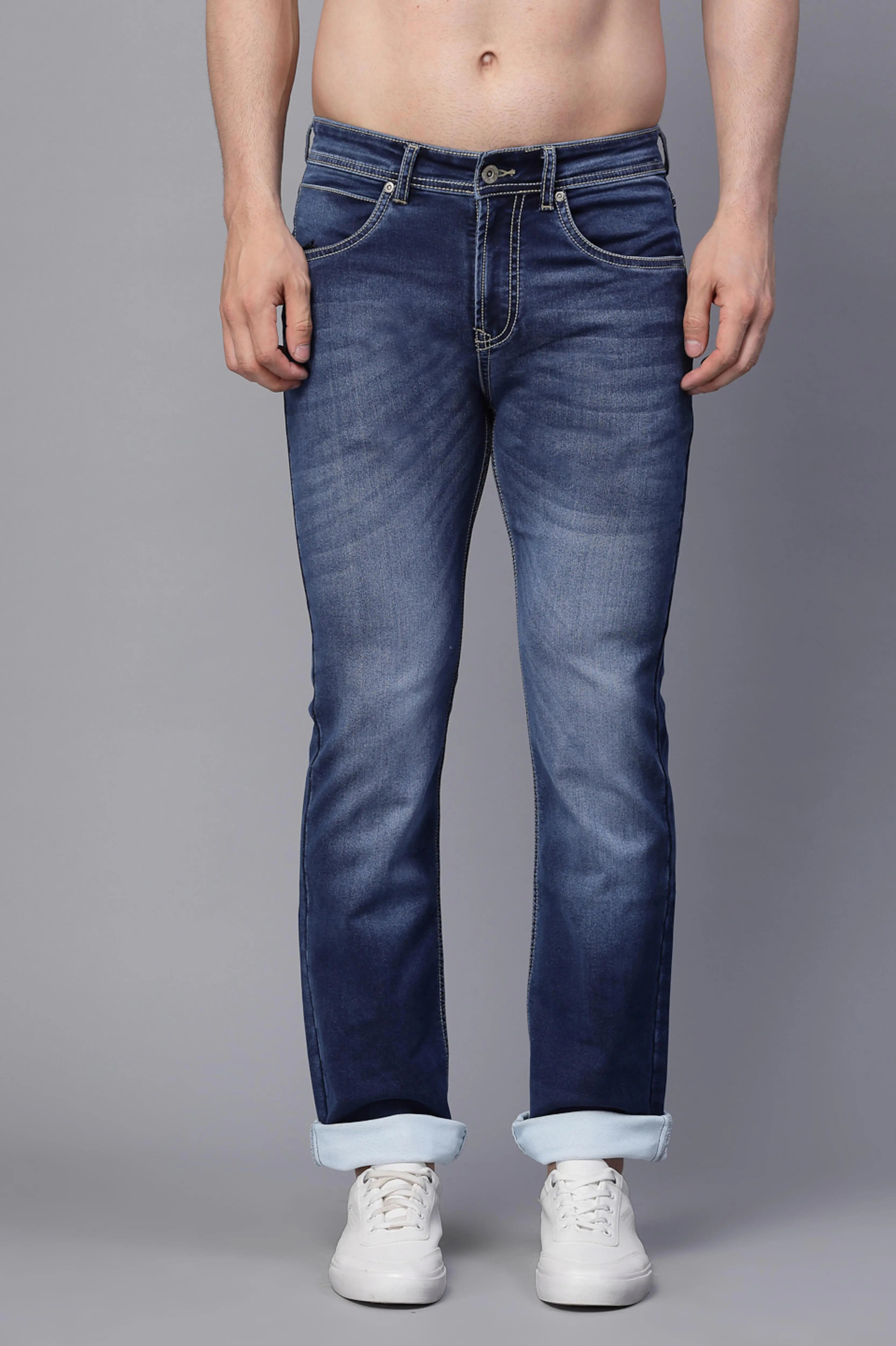 Mens Blue Cotton Blend  Solid Cuffing Full Length Jeans - Global Republic