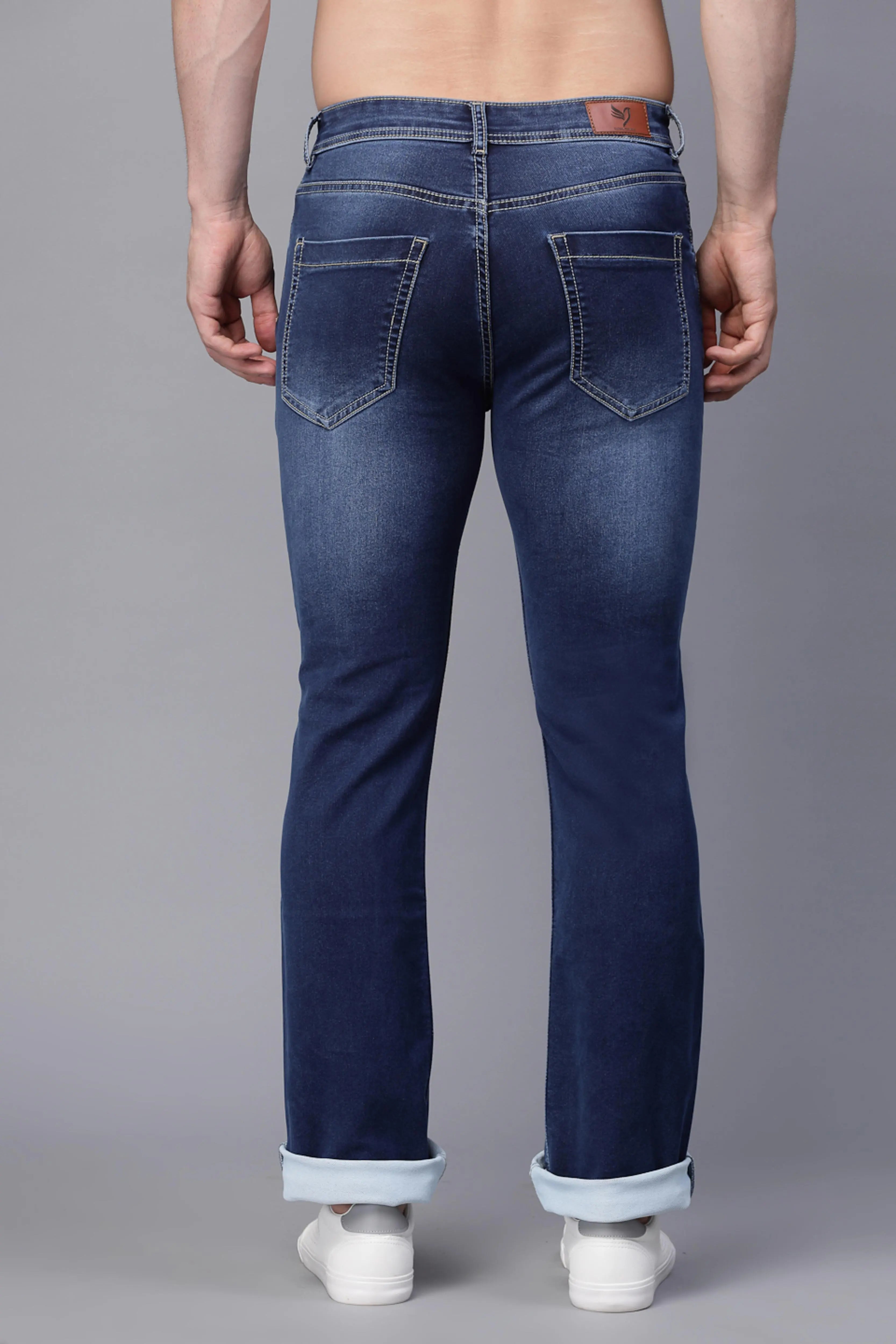 Mens Blue Cotton Blend  Solid Cuffing Full Length Jeans - Global Republic