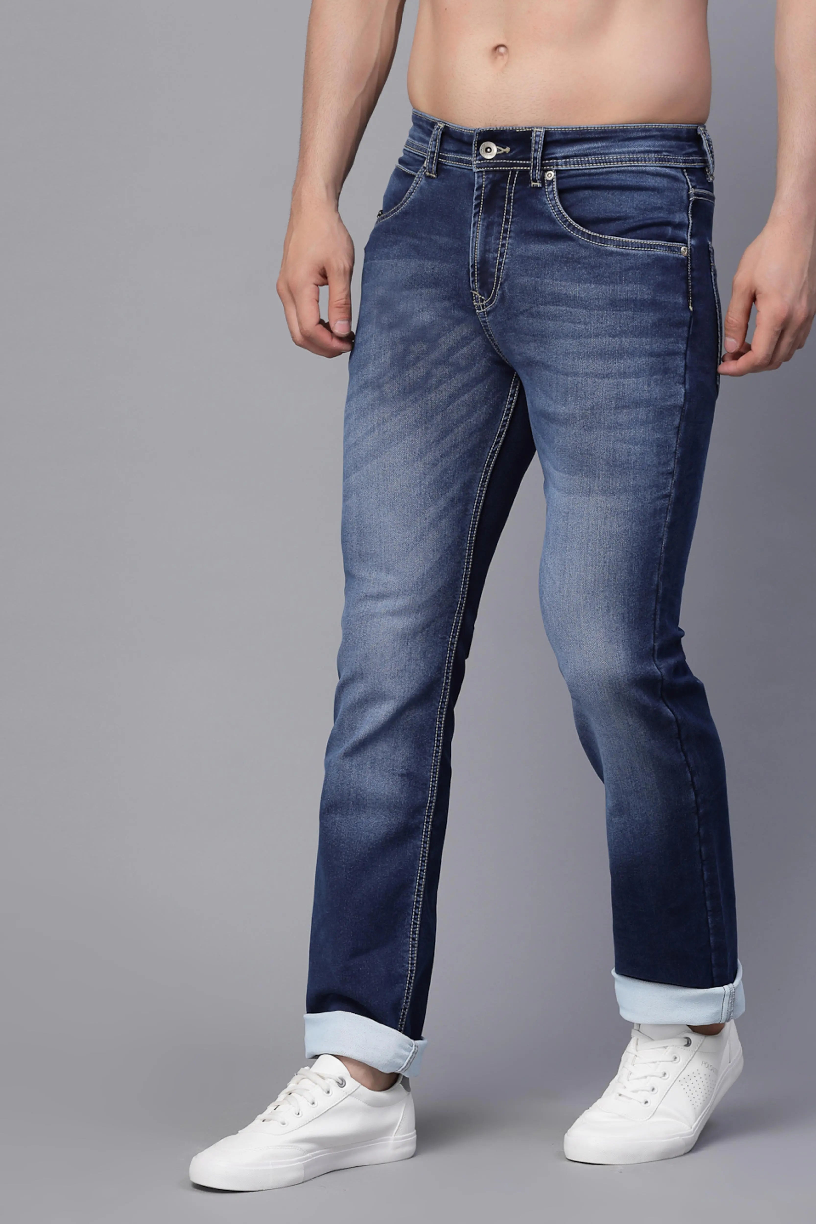 Mens Blue Cotton Blend  Solid Cuffing Full Length Jeans - Global Republic