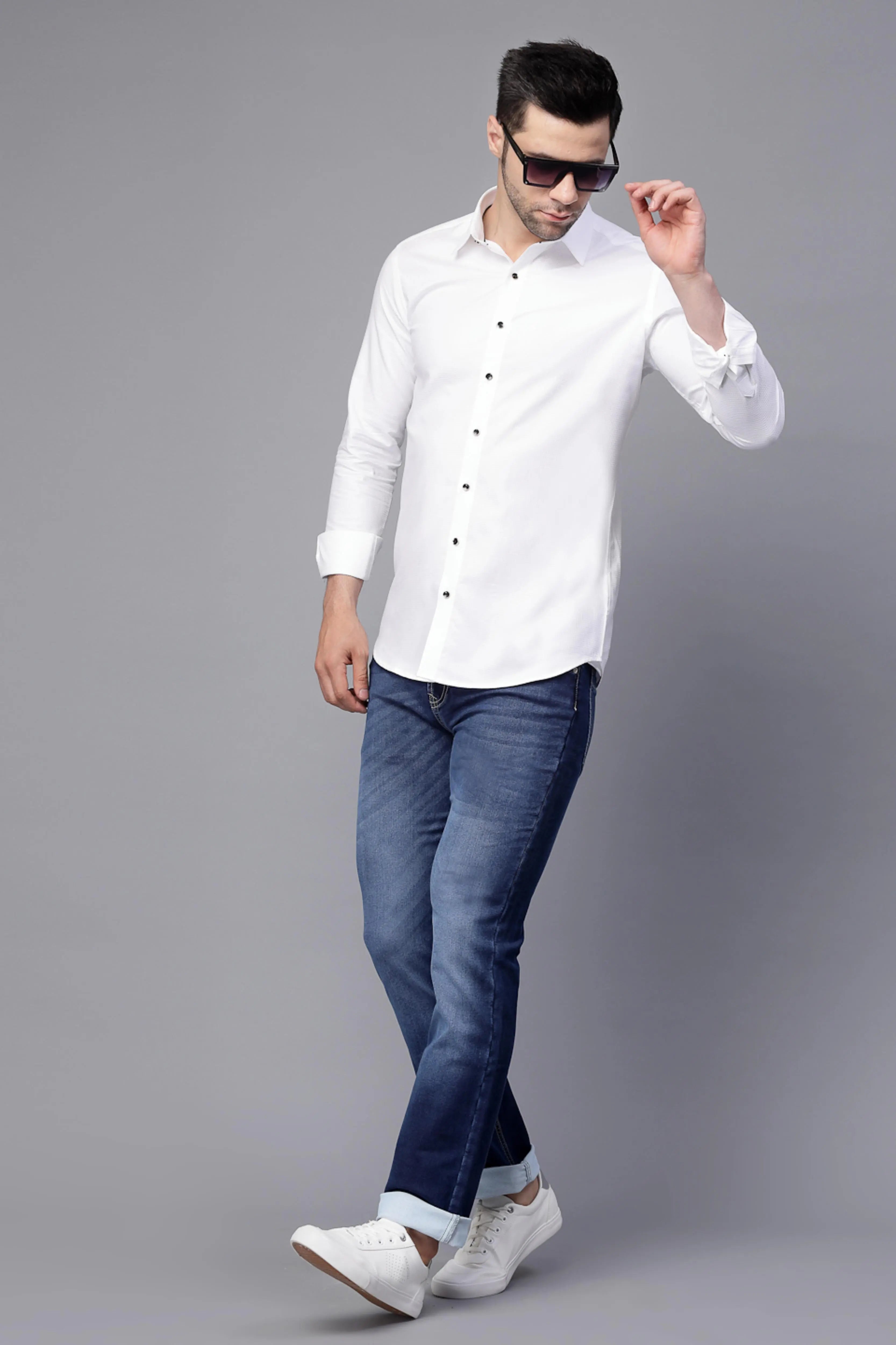 Mens Blue Cotton Blend  Solid Cuffing Full Length Jeans - Global Republic