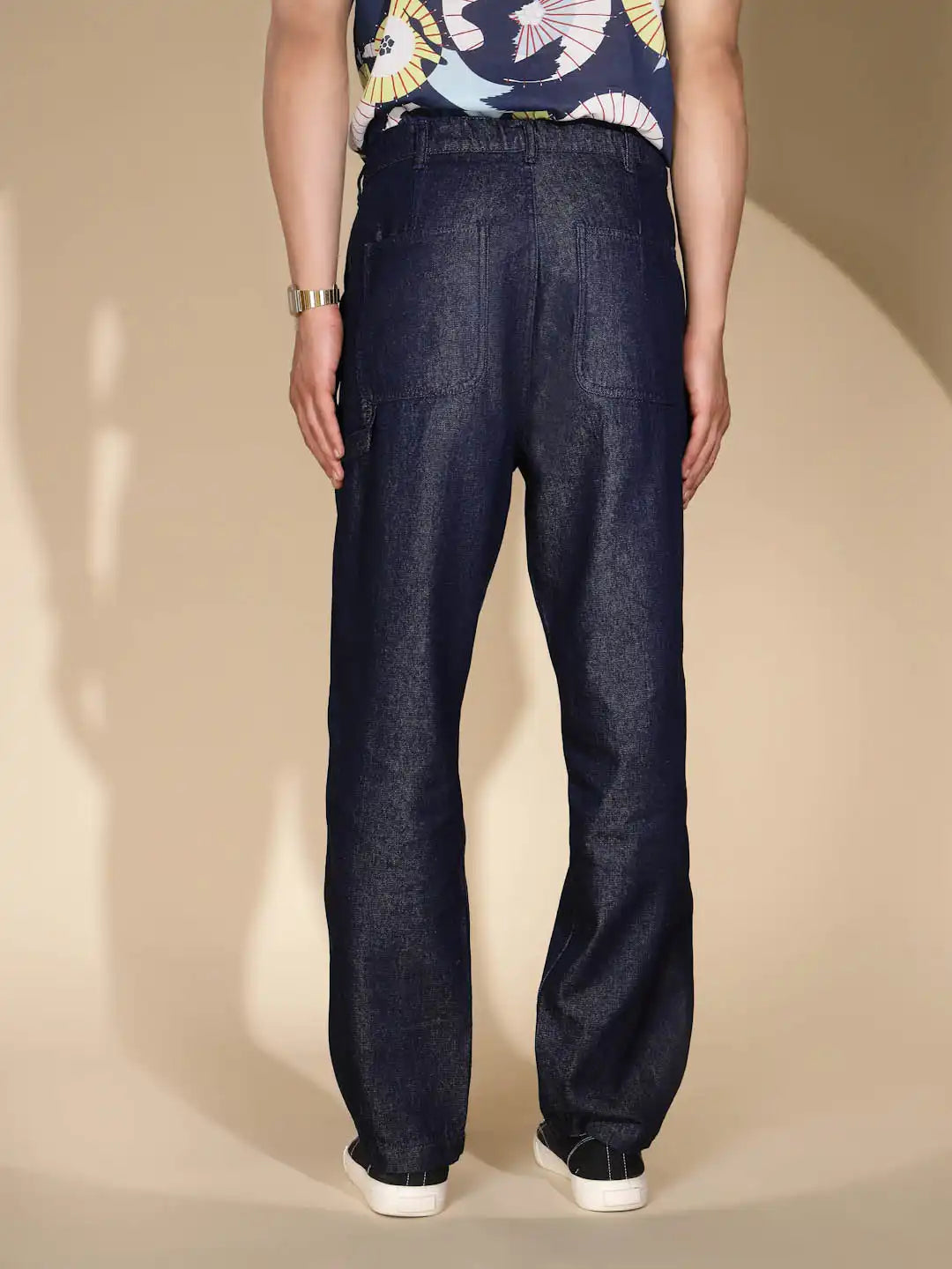 Mens Raw Blue Cotton Blend Solid Jeans