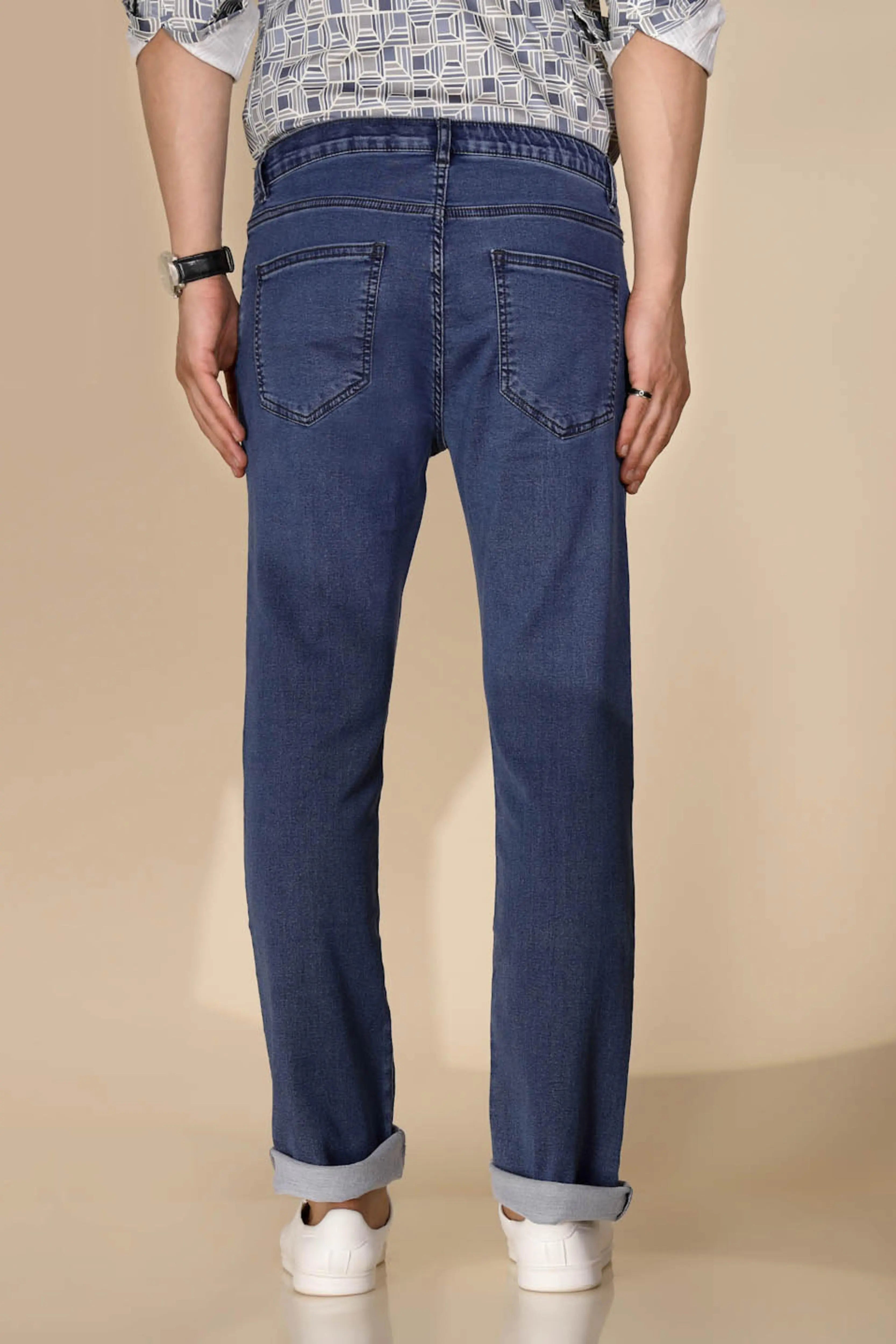 Blue Cotton Blend Straight Fit Jeans For Men - Global Republic