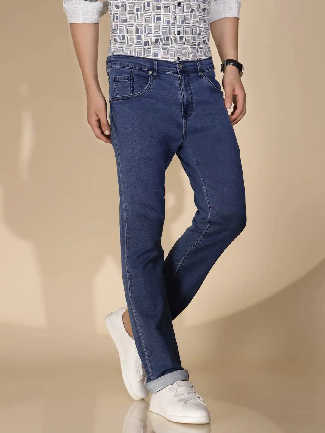 Blue Cotton Blend Straight Fit Jeans For Men - Global Republic