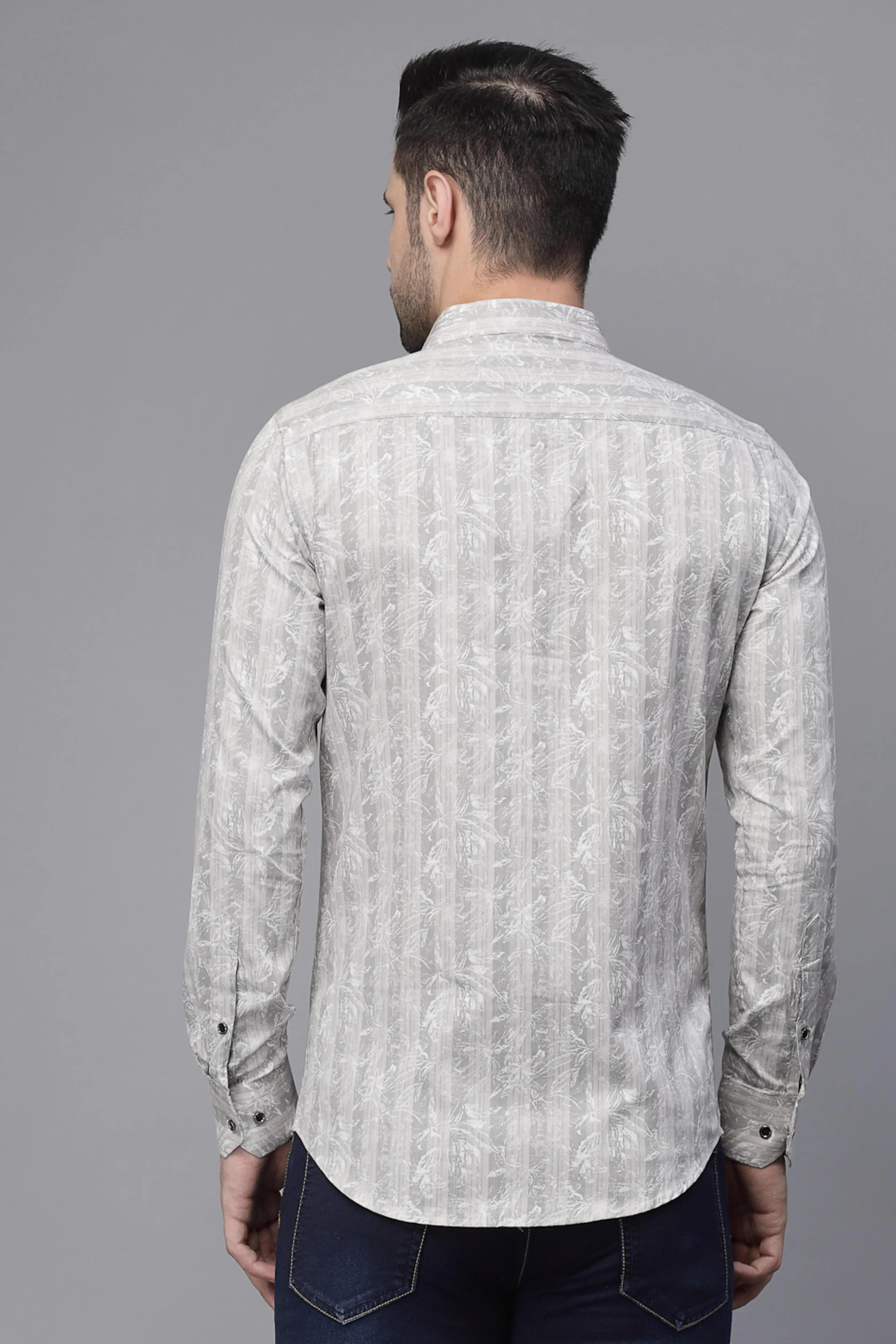 Mens Grey Striped  Full Sleeve Regular Fit Shirt - Global Republic