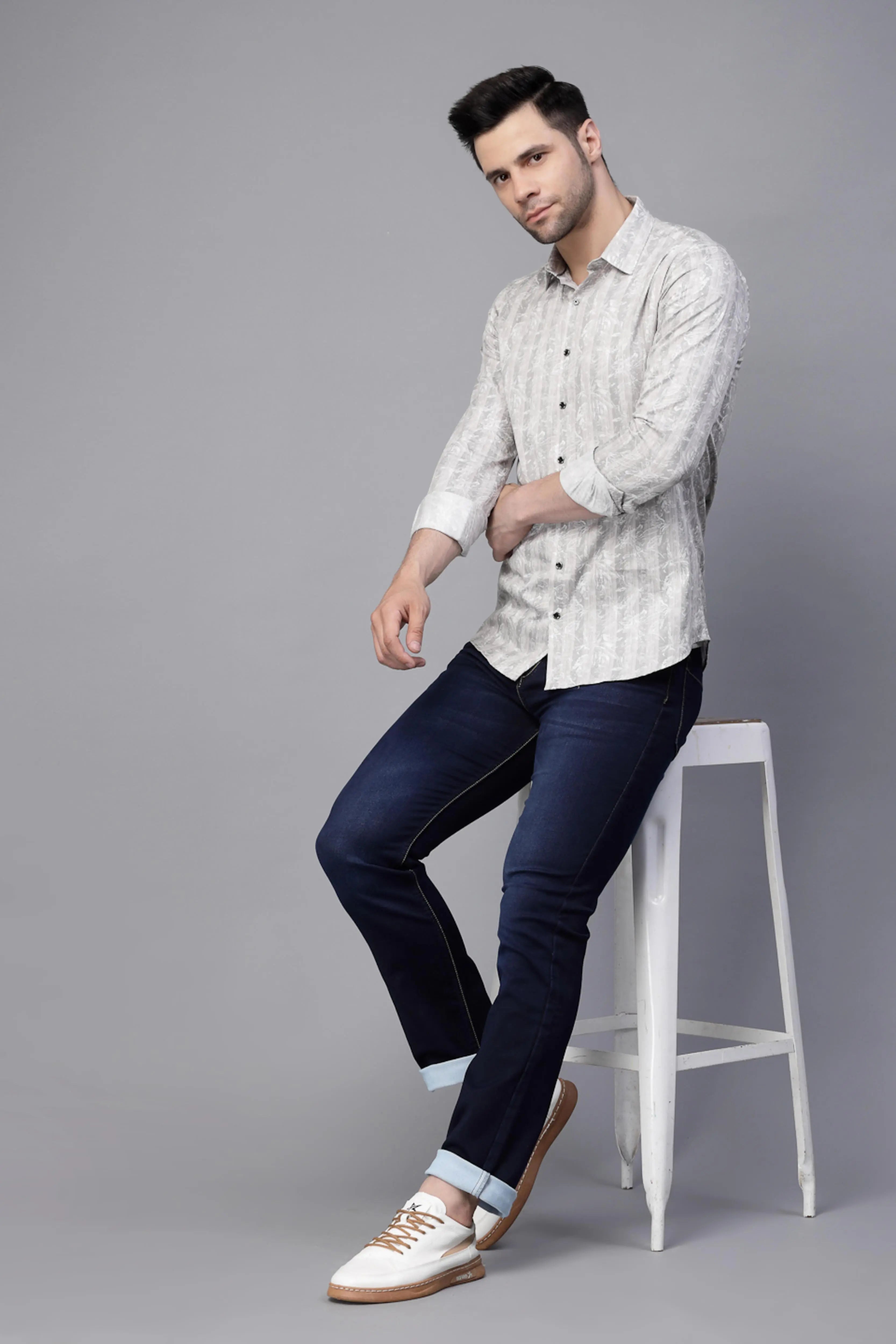 Mens Grey Striped  Full Sleeve Regular Fit Shirt - Global Republic