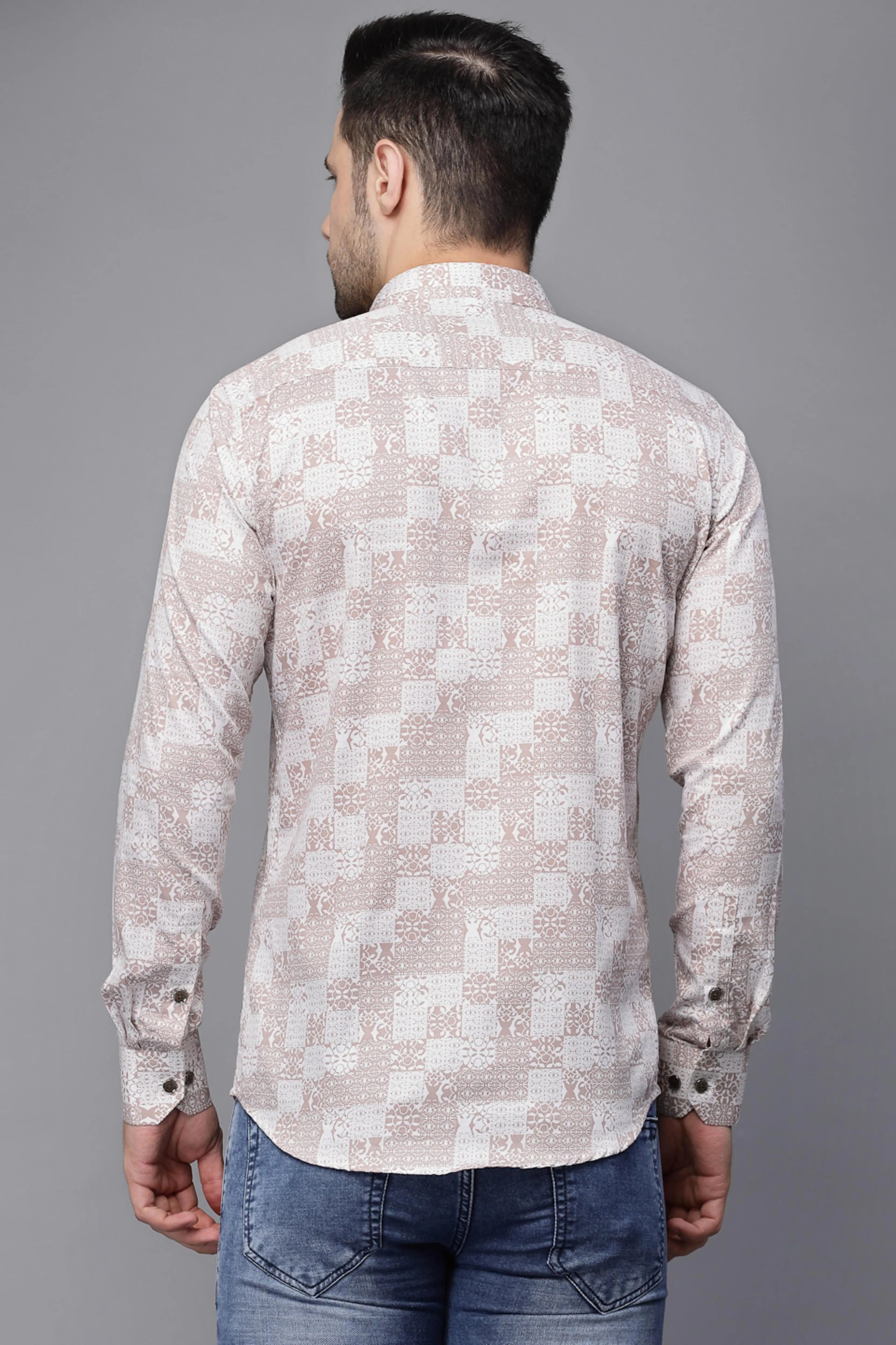 Mens Beige Collar Neck Printed Shirt - Global Republic