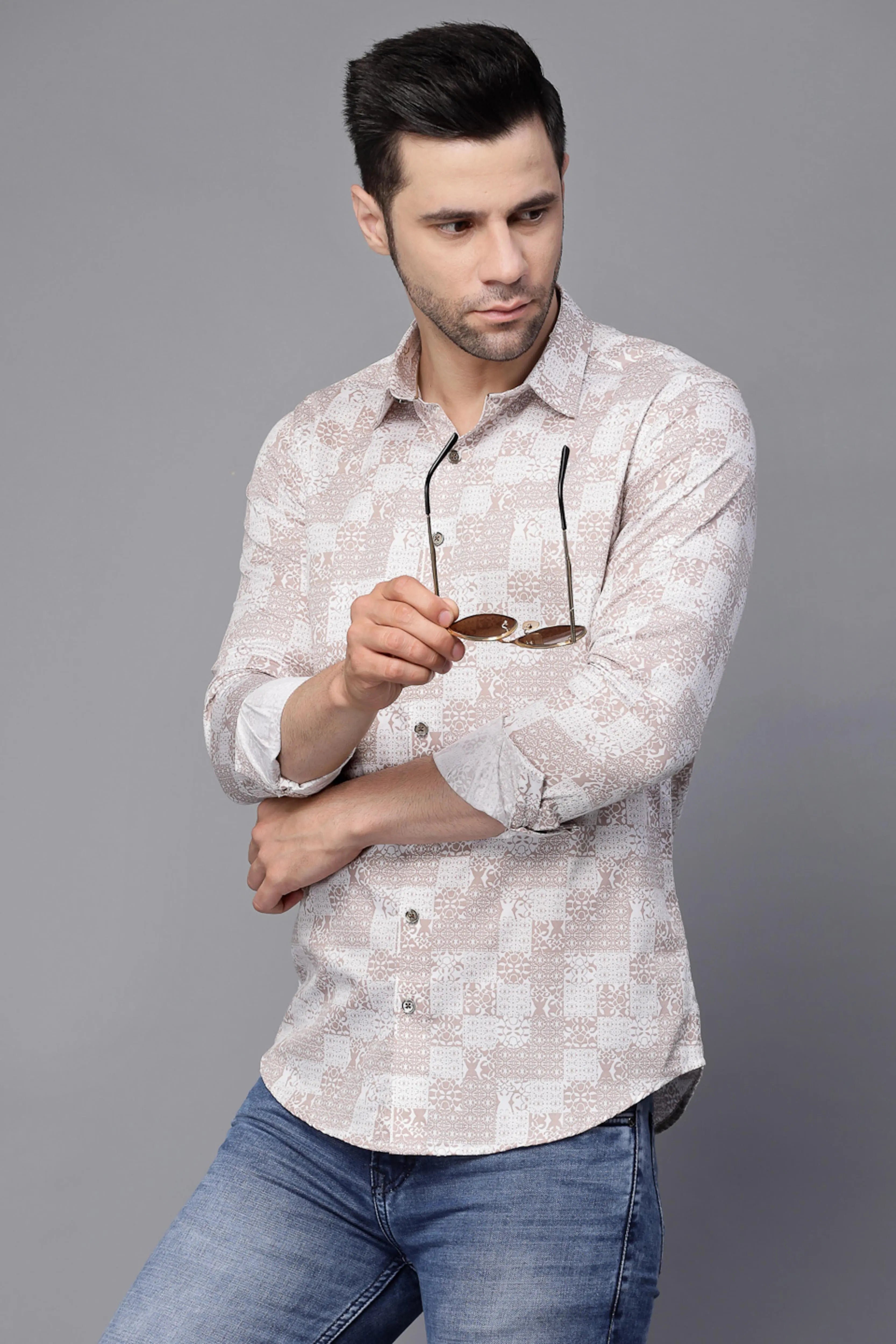 Mens Beige Collar Neck Printed Shirt - Global Republic