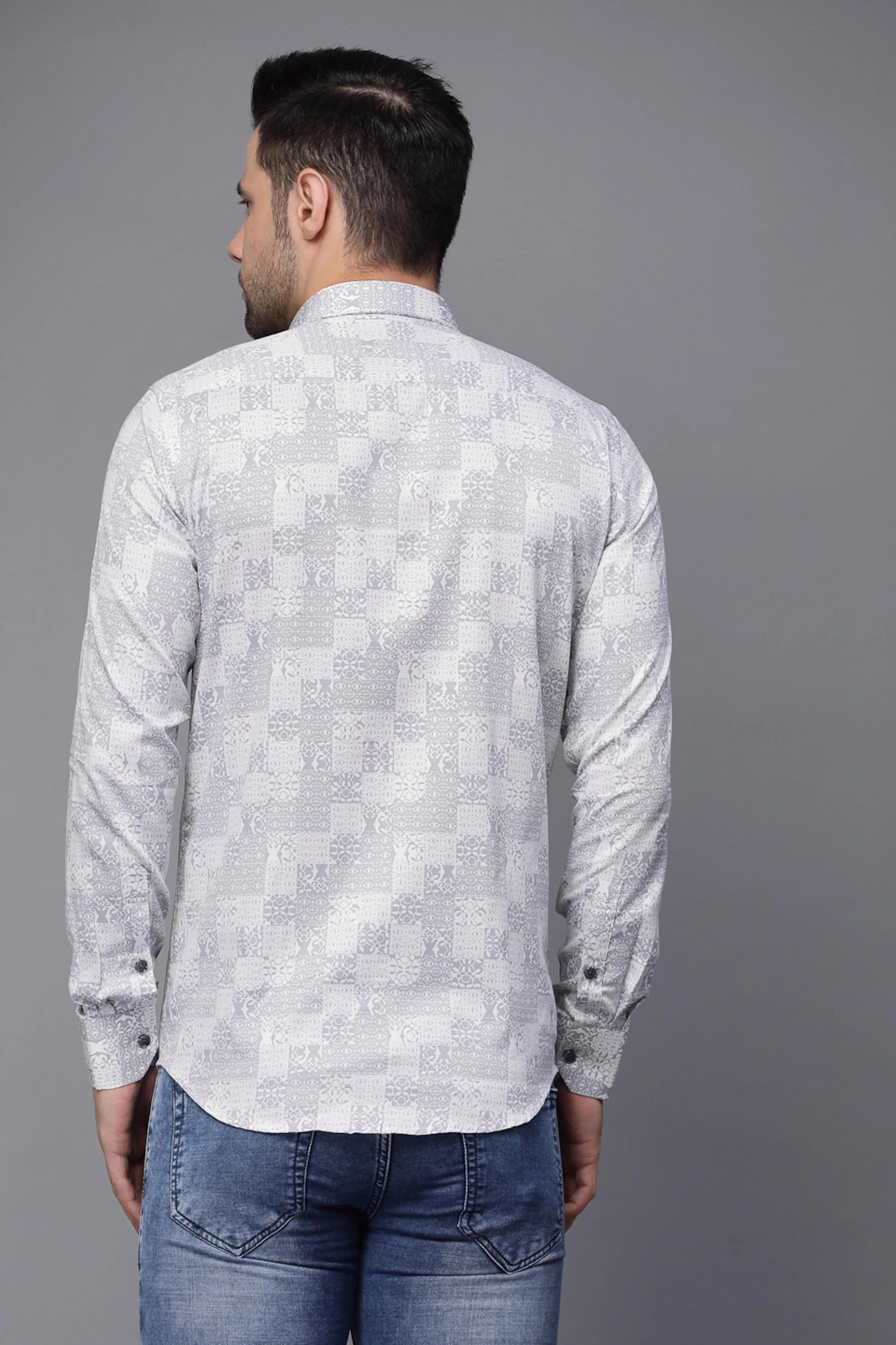 Mens Grey Printed Collar Neck Casual Shirt - Global Republic