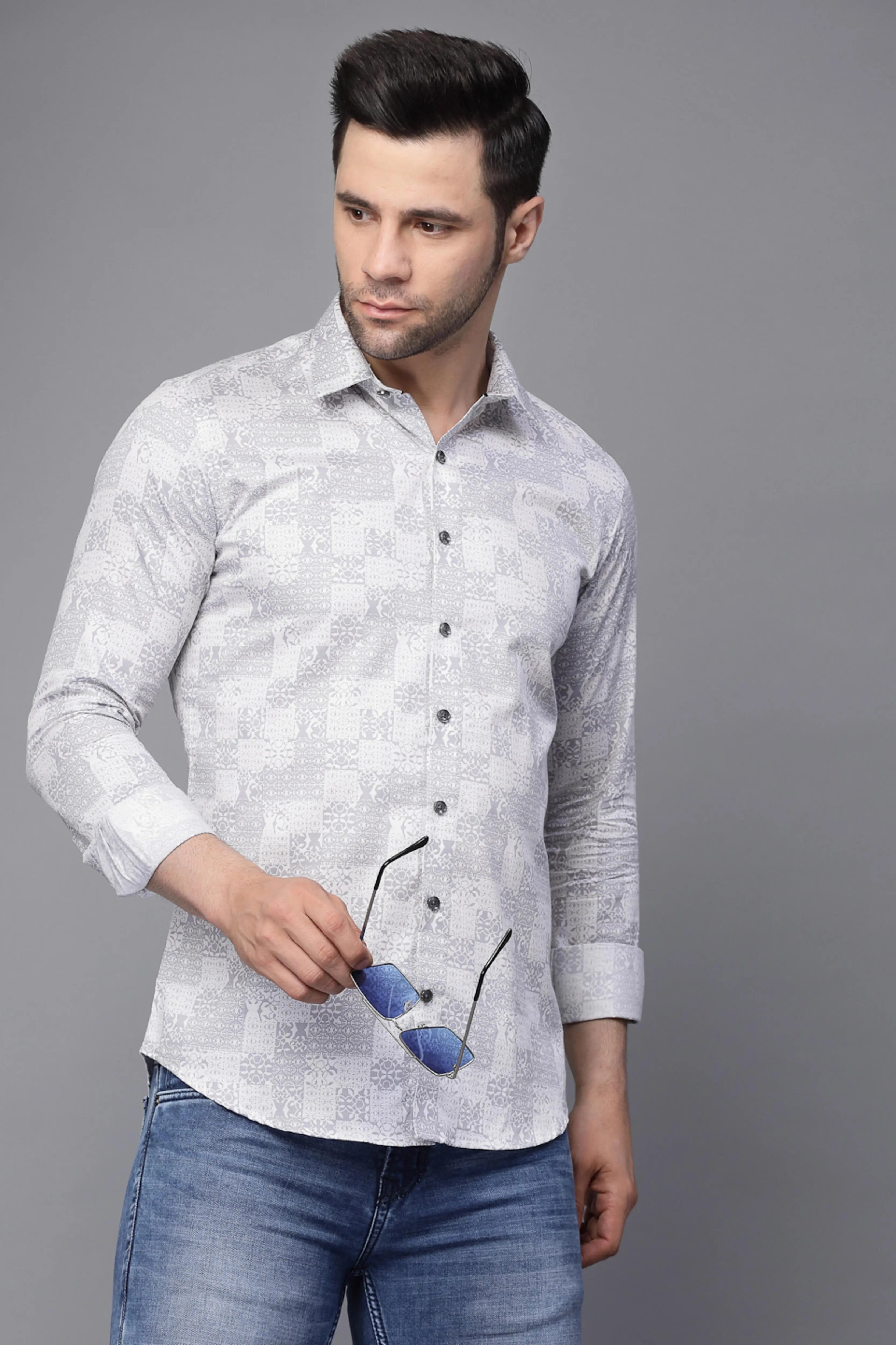 Mens Grey Printed Collar Neck Casual Shirt - Global Republic