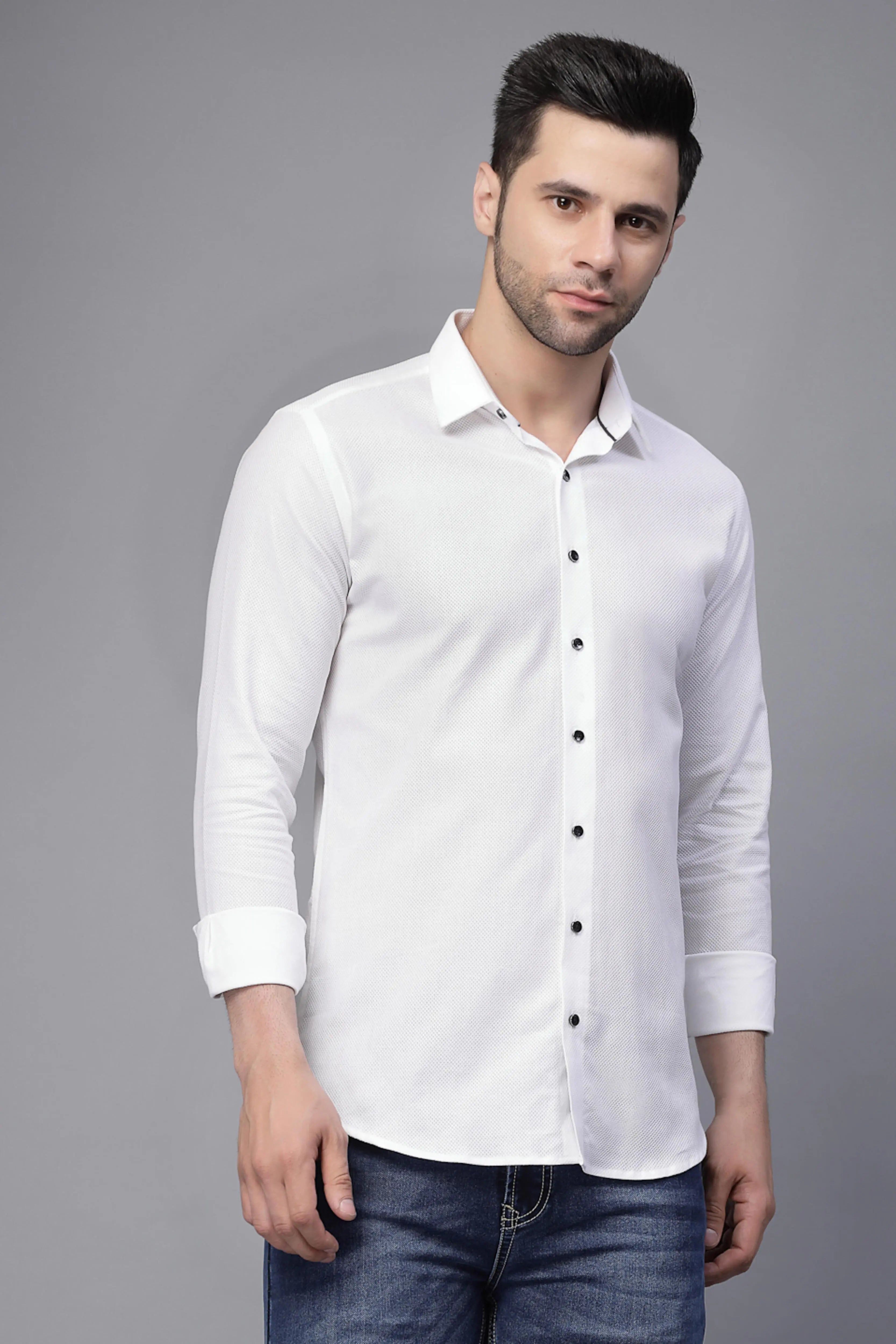 Mens White Full Sleeve  Collar Neck Solid Shirt - Global Republic