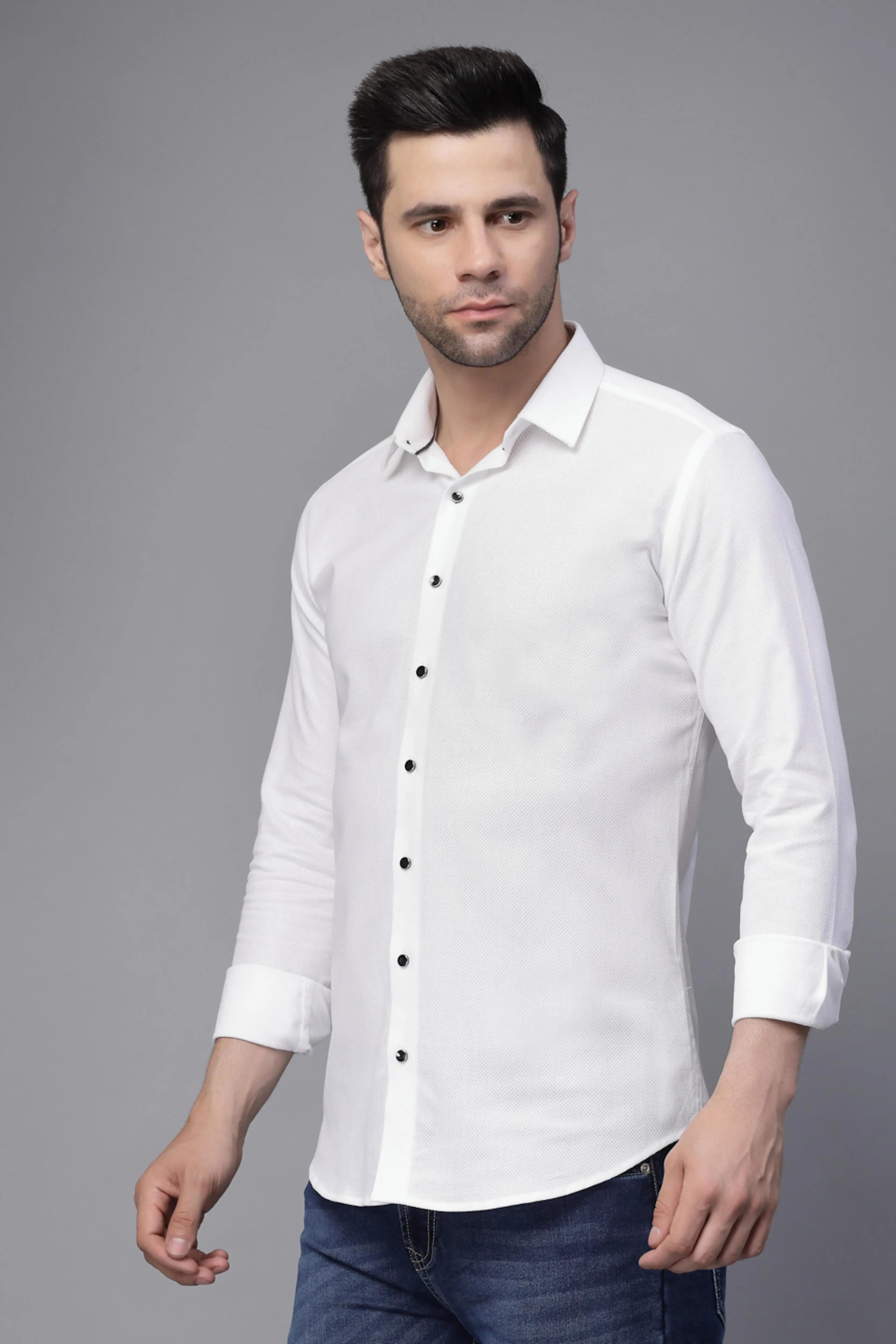 Mens White Full Sleeve  Collar Neck Solid Shirt - Global Republic