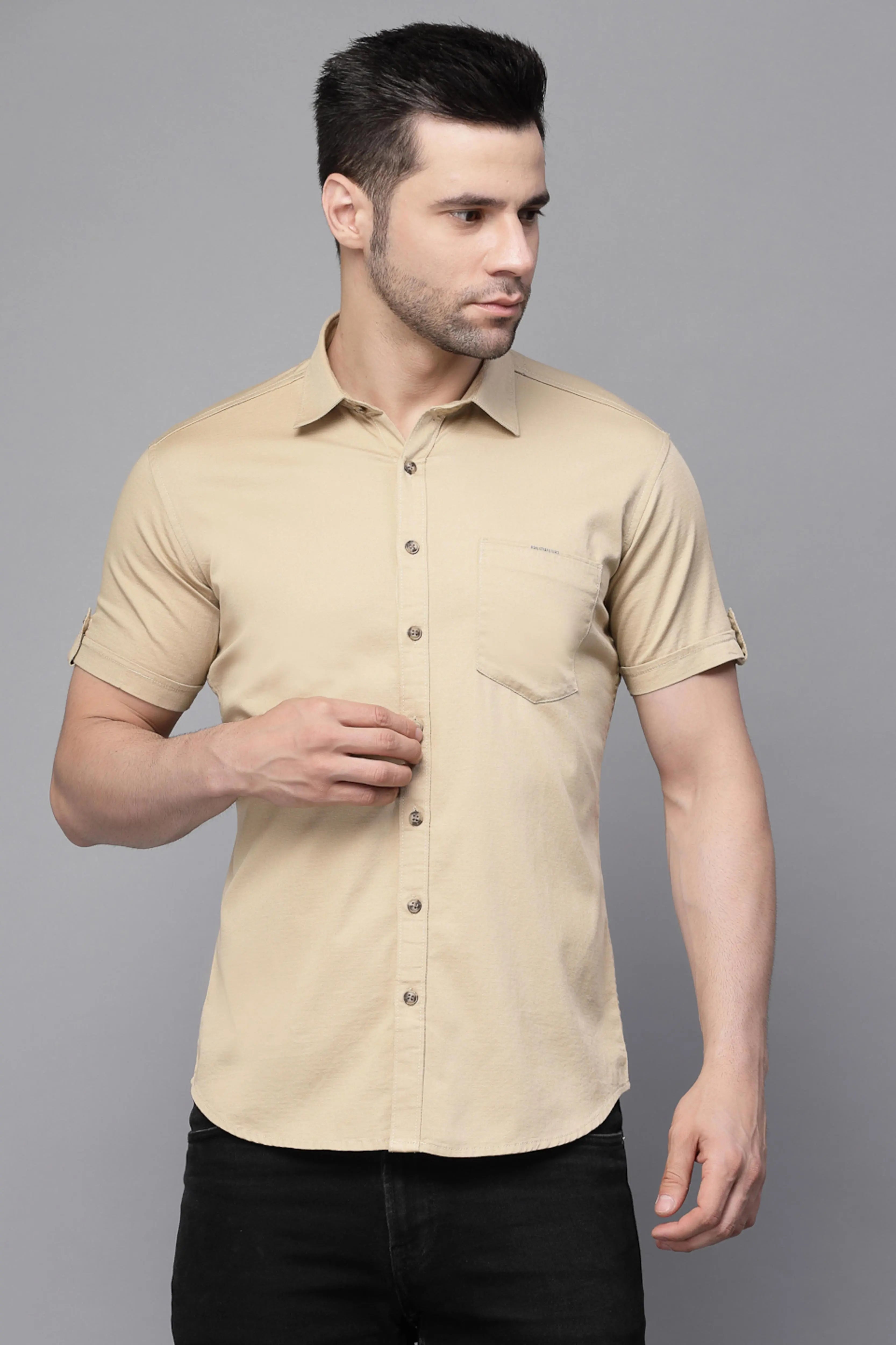 Mens Khaki Collar Neck Solid Shirt - Global Republic