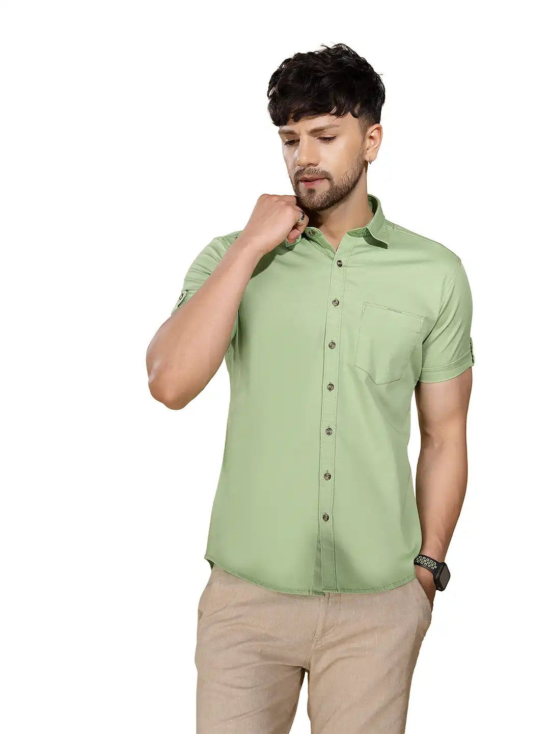 Mens Green Collar Neck Solid Shirt