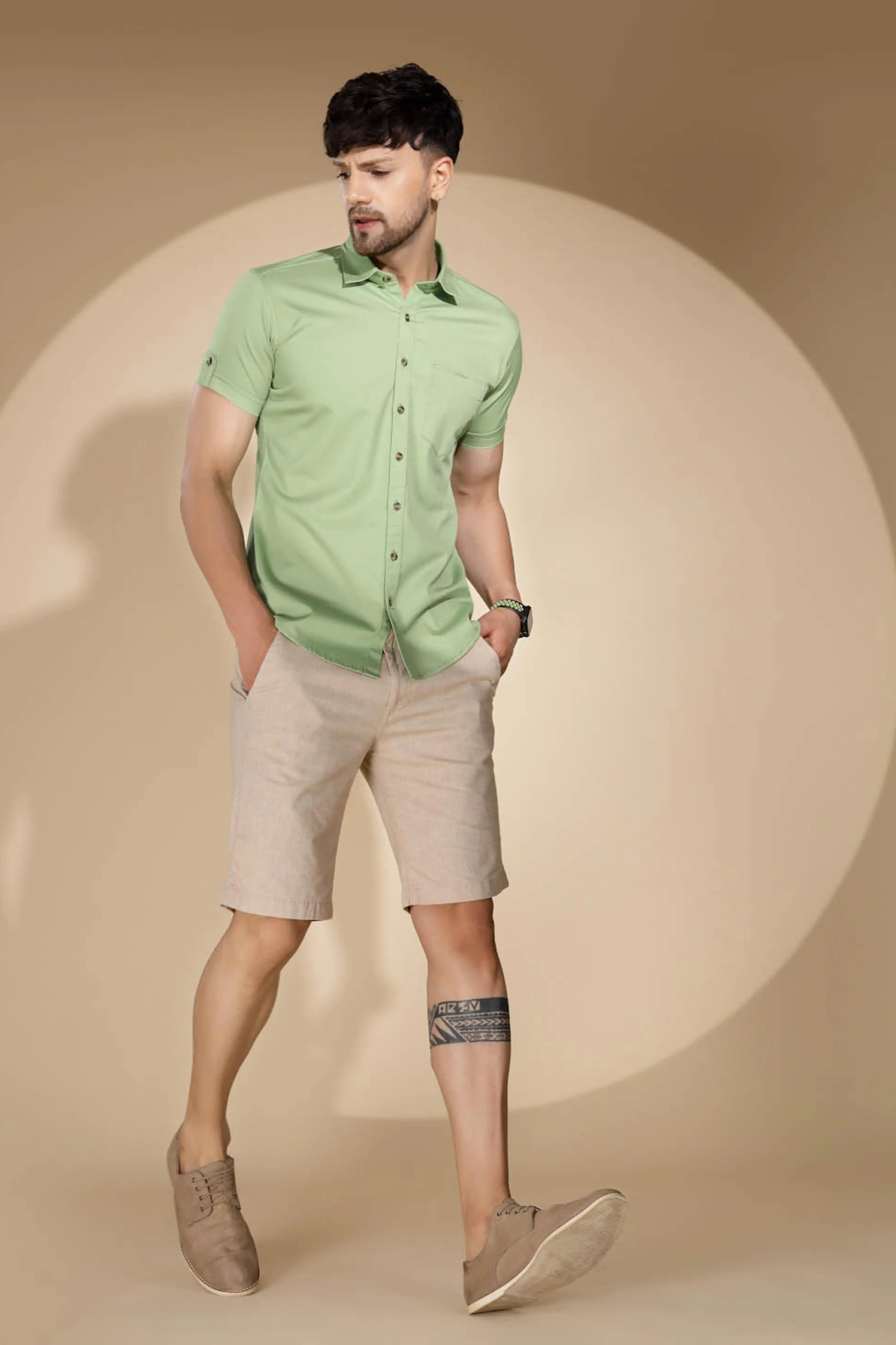 Mens Green Collar Neck Solid Shirt - Global Republic