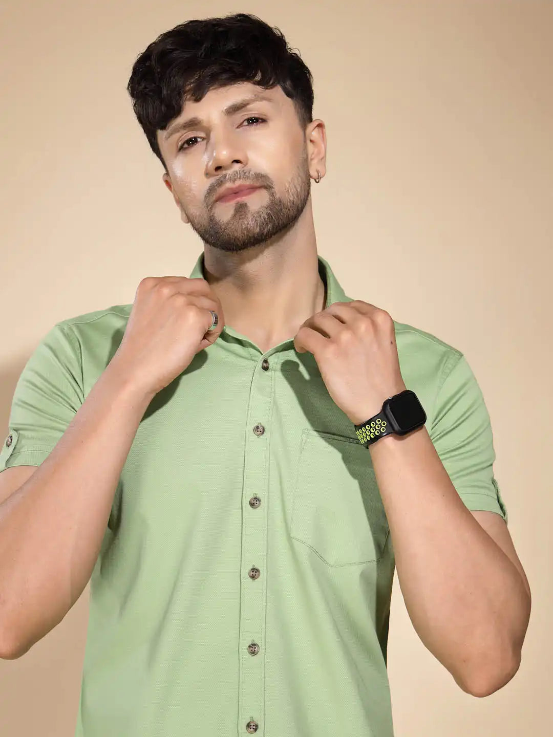 Mens Green Collar Neck Solid Shirt - Global Republic