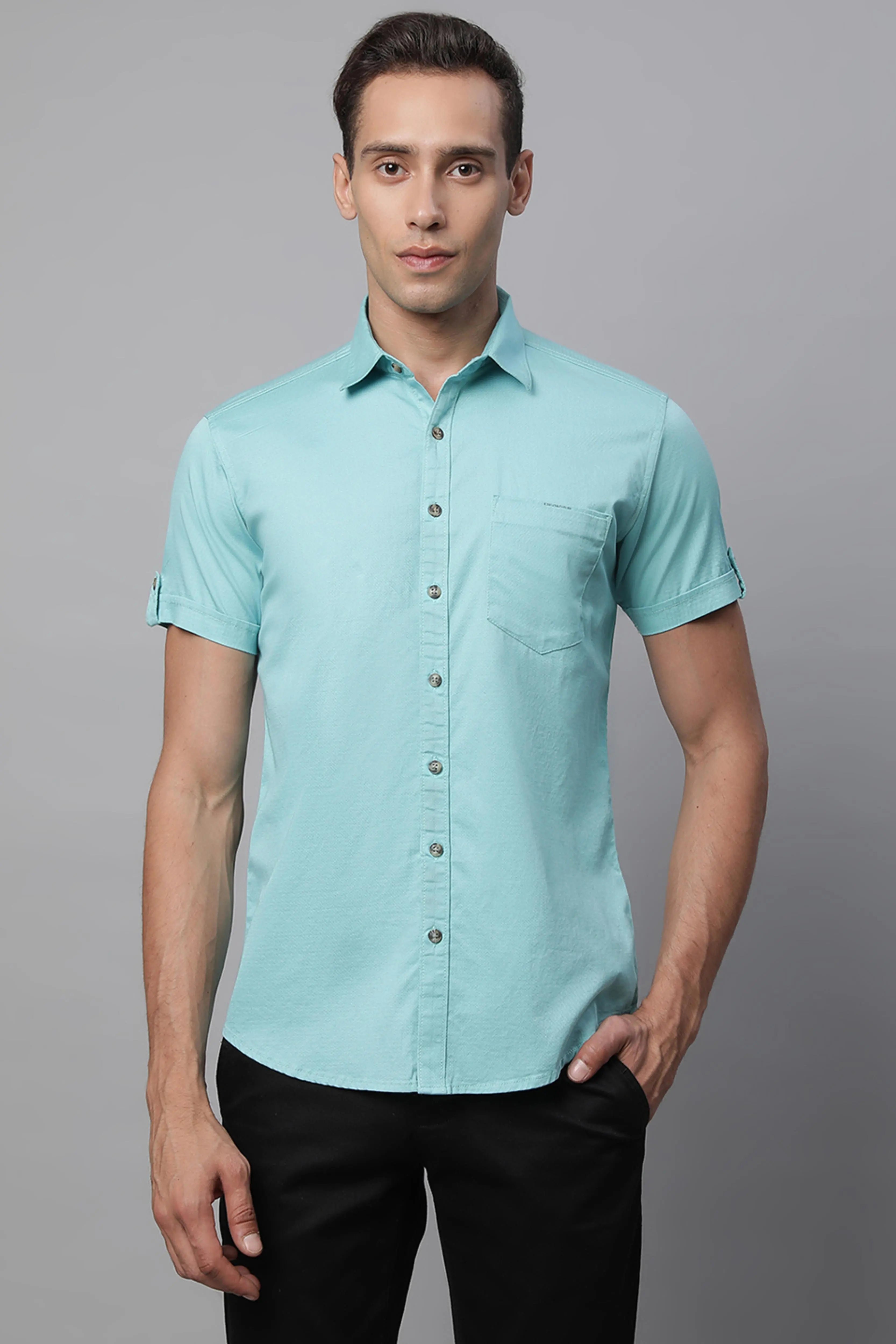 Mens Aqua Collar Neck Solid Shirt - Global Republic