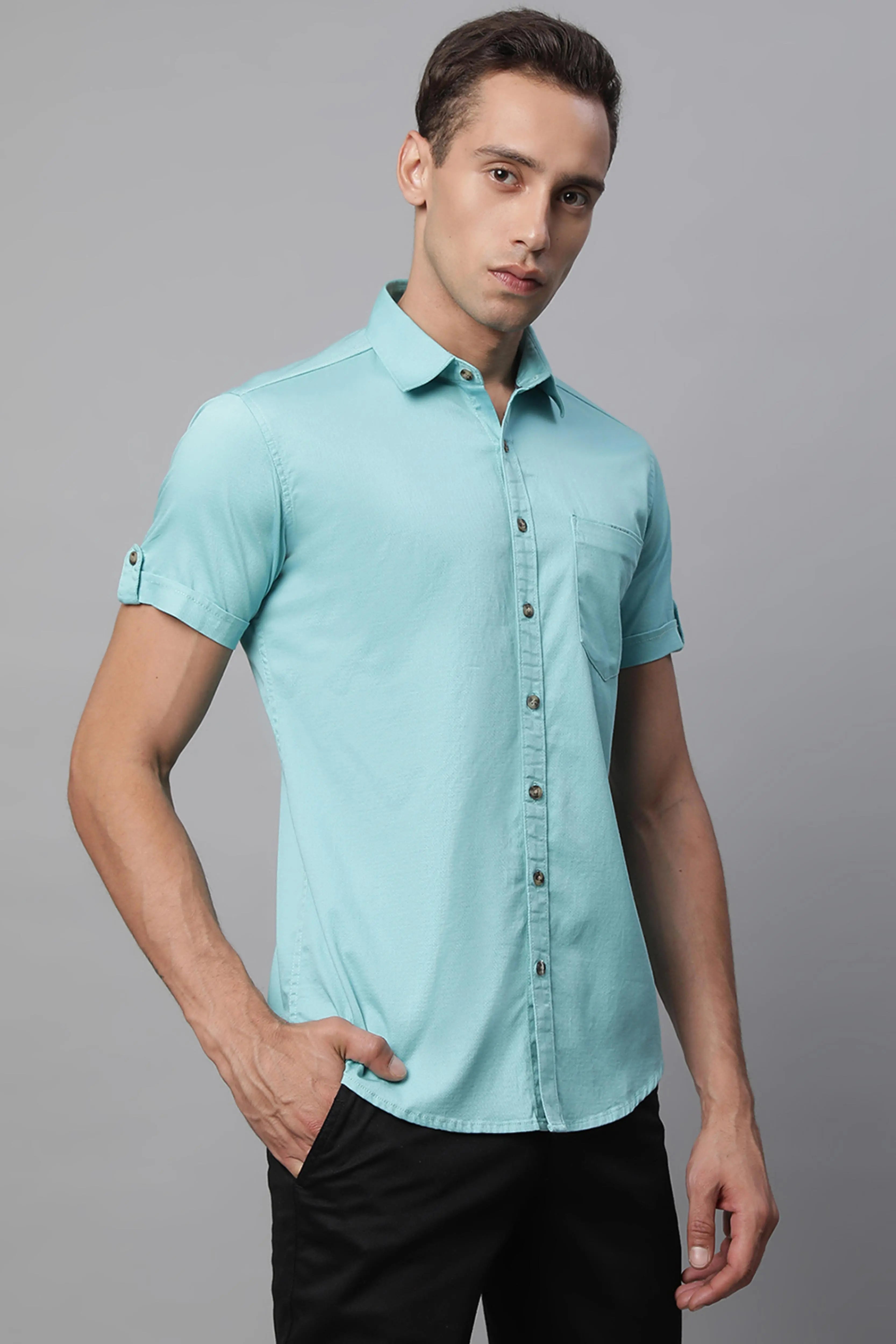 Mens Aqua Collar Neck Solid Shirt - Global Republic