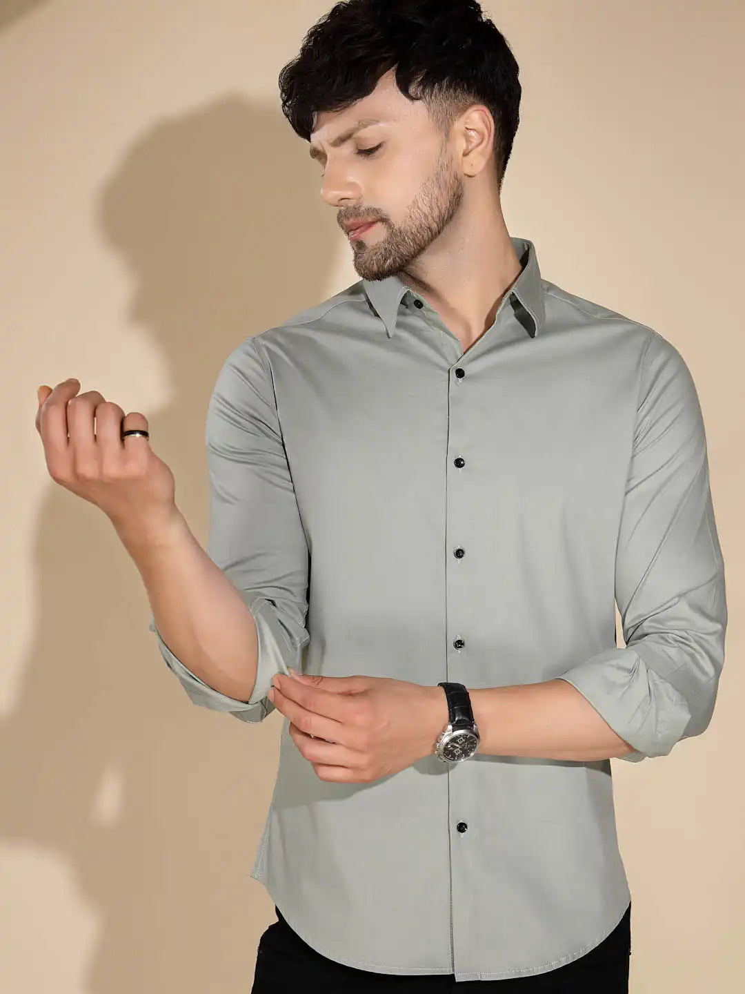 Mens Pista Green Collar Neck Solid Shirt - Global Republic