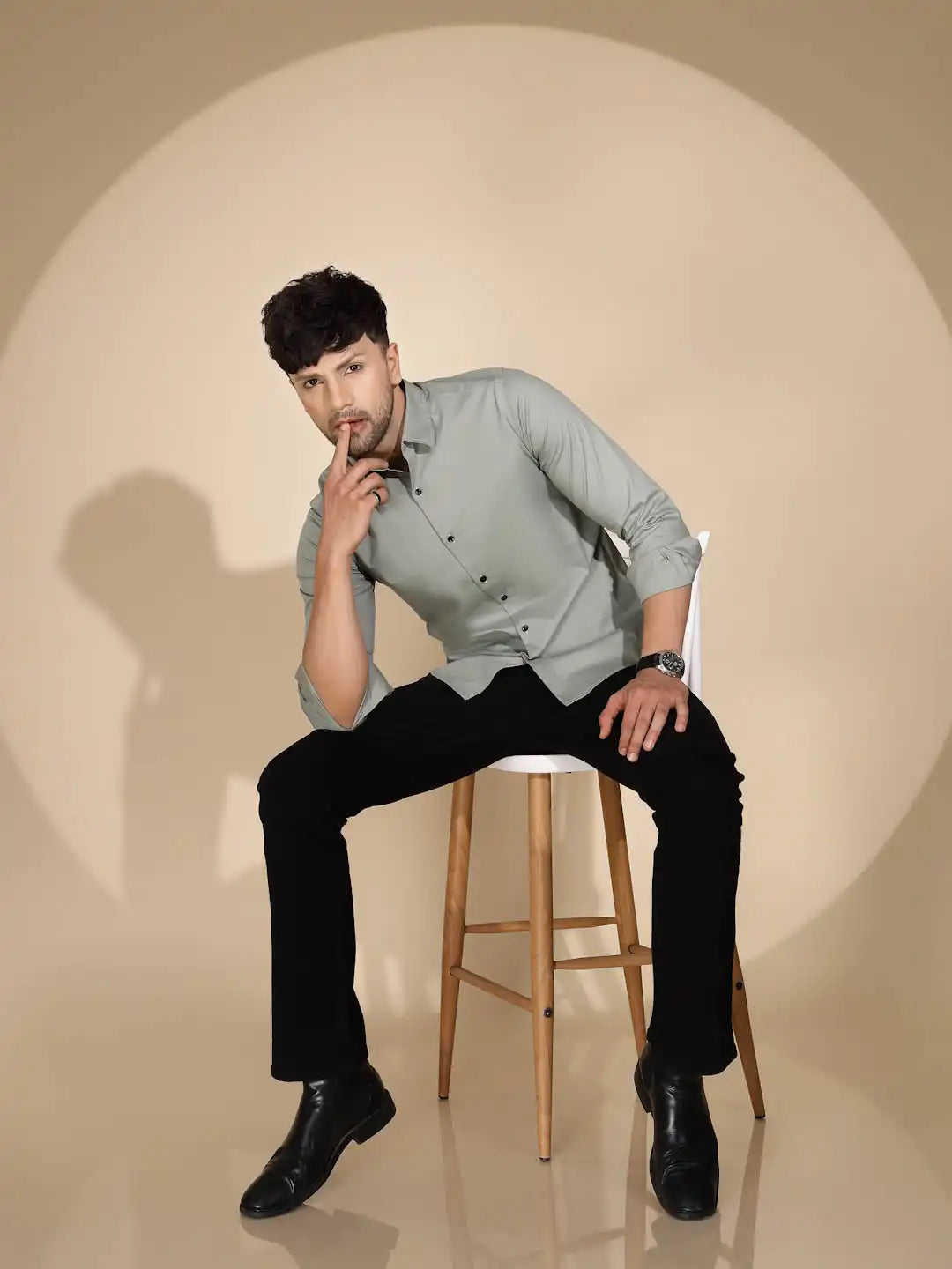 Mens Pista Green Collar Neck Solid Shirt - Global Republic