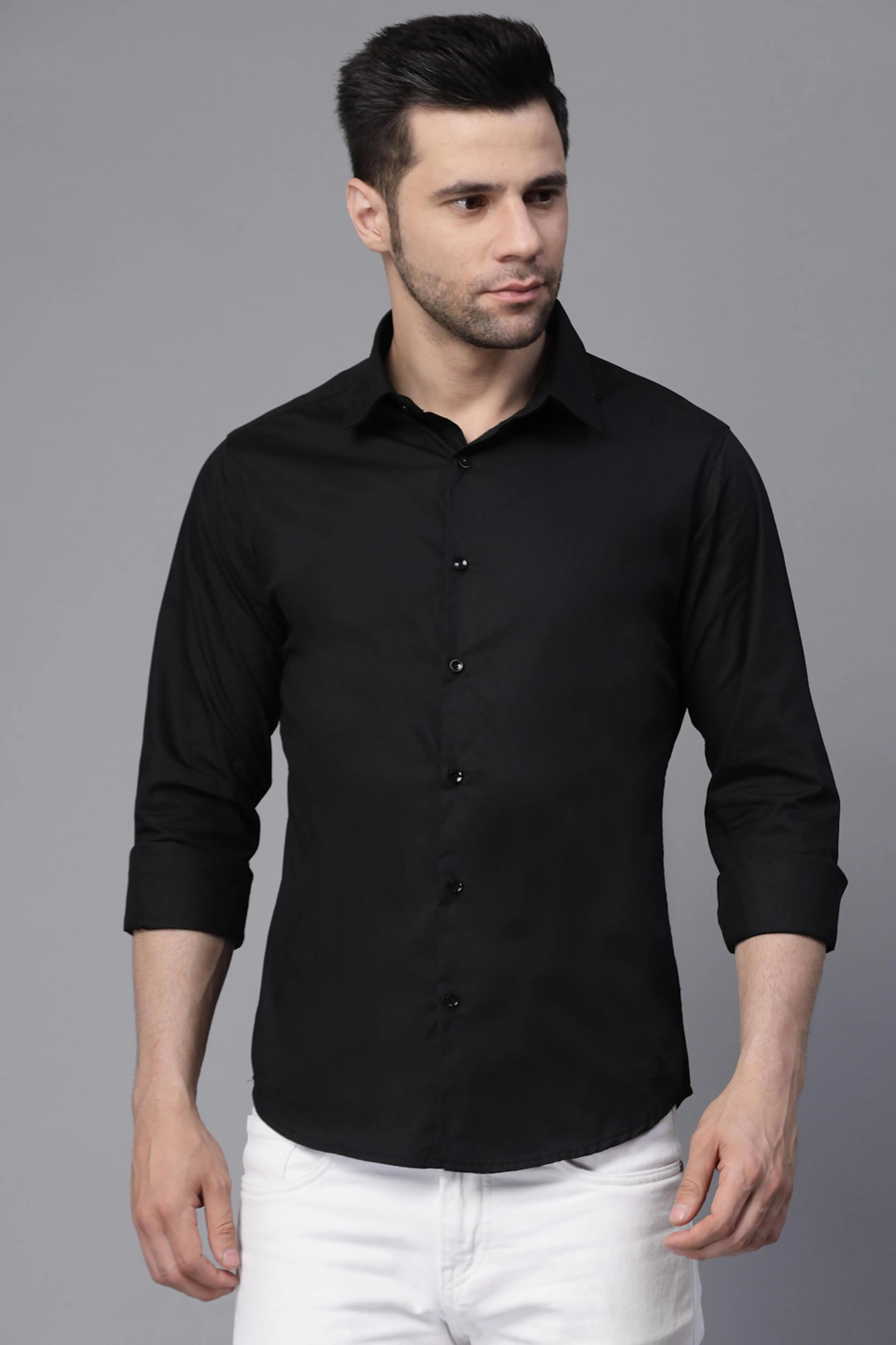 Mens Black Collar Neck Solid Regular Casual Shirt - Global Republic
