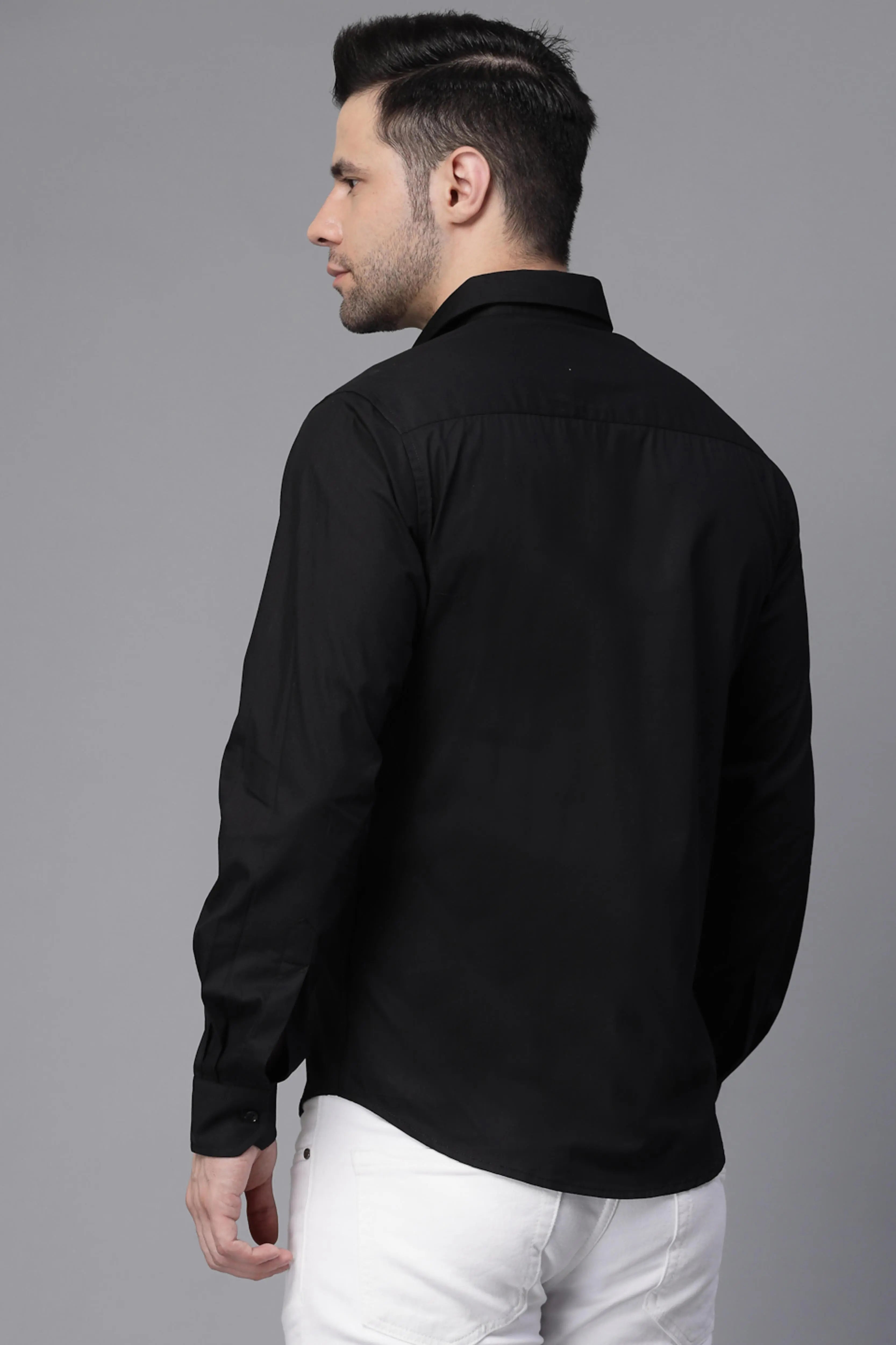 Mens Black Collar Neck Solid Regular Casual Shirt - Global Republic